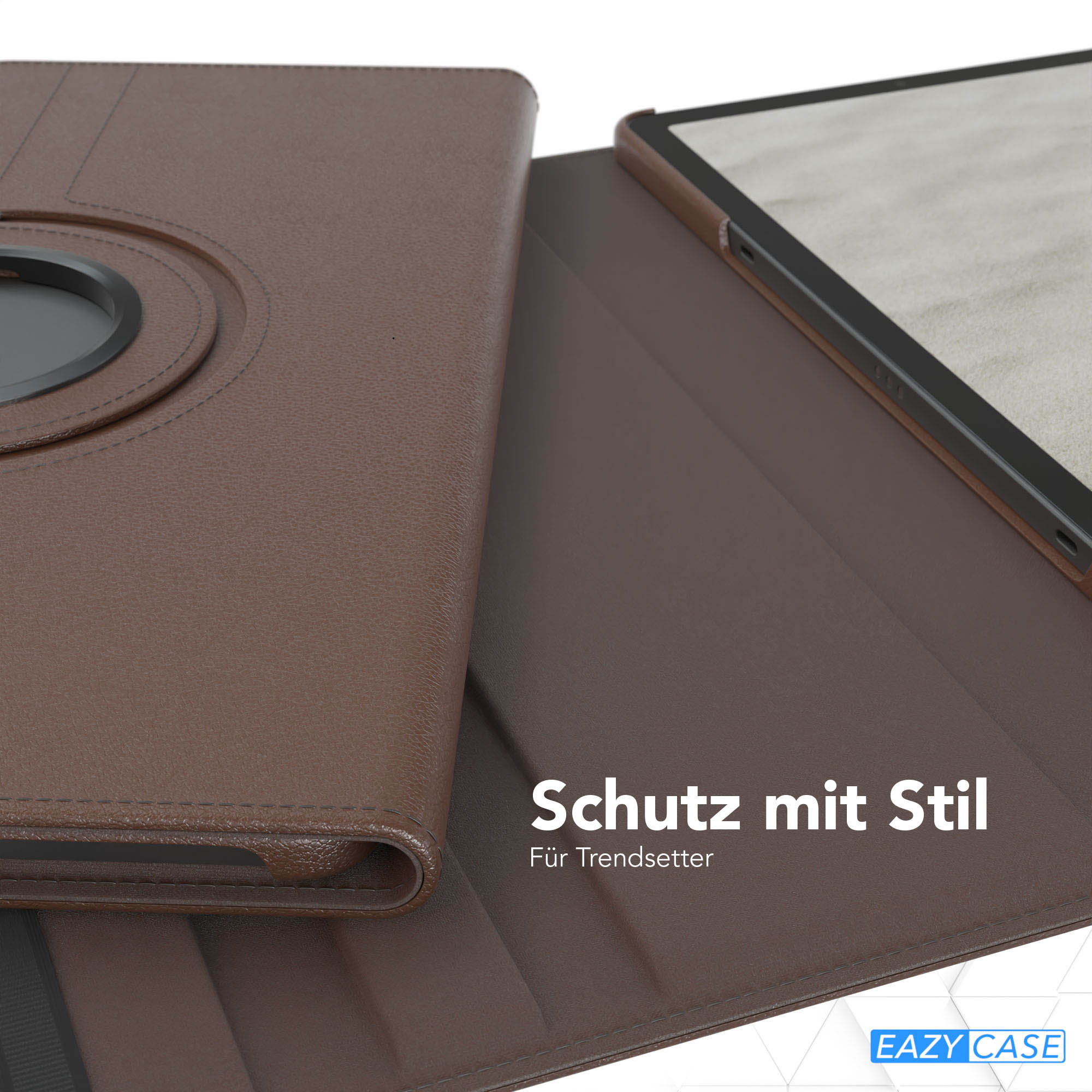 Eine braune Leder-Tablethülle mit offenem Tablet. Text sagt 'Schutz mit Stil' und 'EAZY CASE' Logo ist sichtbar.