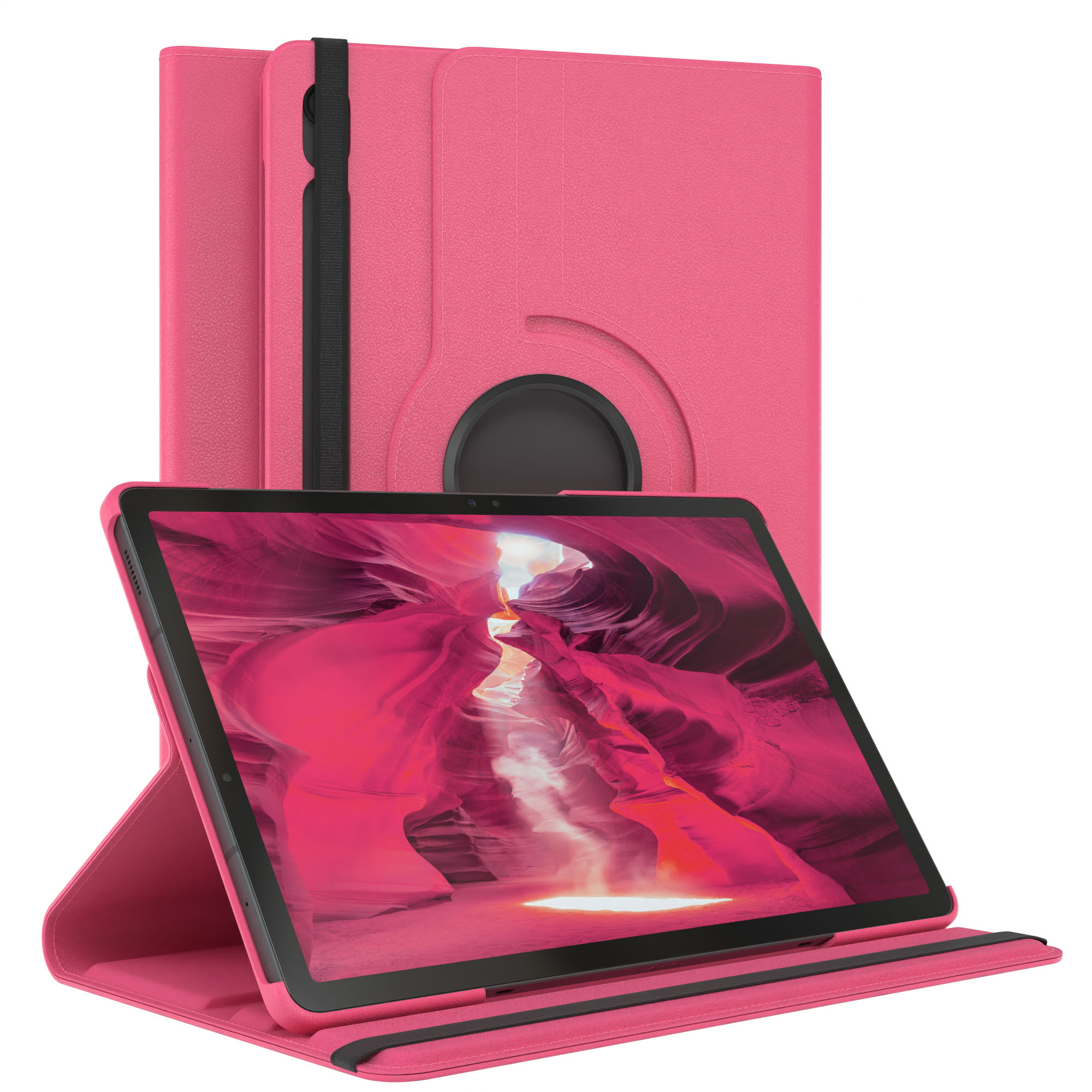 Rosa Tablet in einer Hülle. Der Bildschirm zeigt ein Canyon-Bild. Im Hintergrund sind die Hülle und ein schwarzer Riemen.