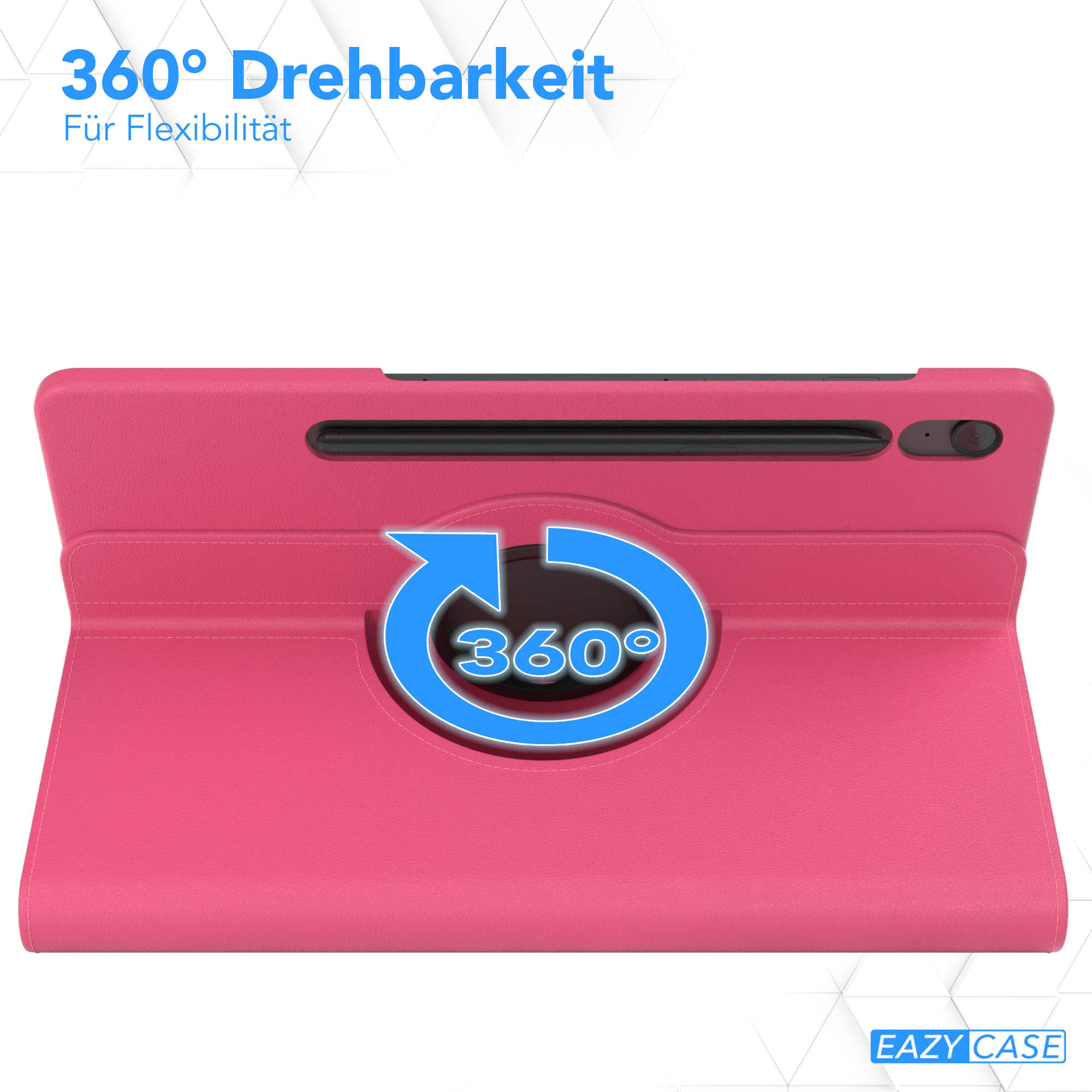 Rosa Tablethülle mit einem 360-Grad-Rotationssymbol. Der Text oben lautet '360° Drehbarkeit' und 'Für Flexibilität'.