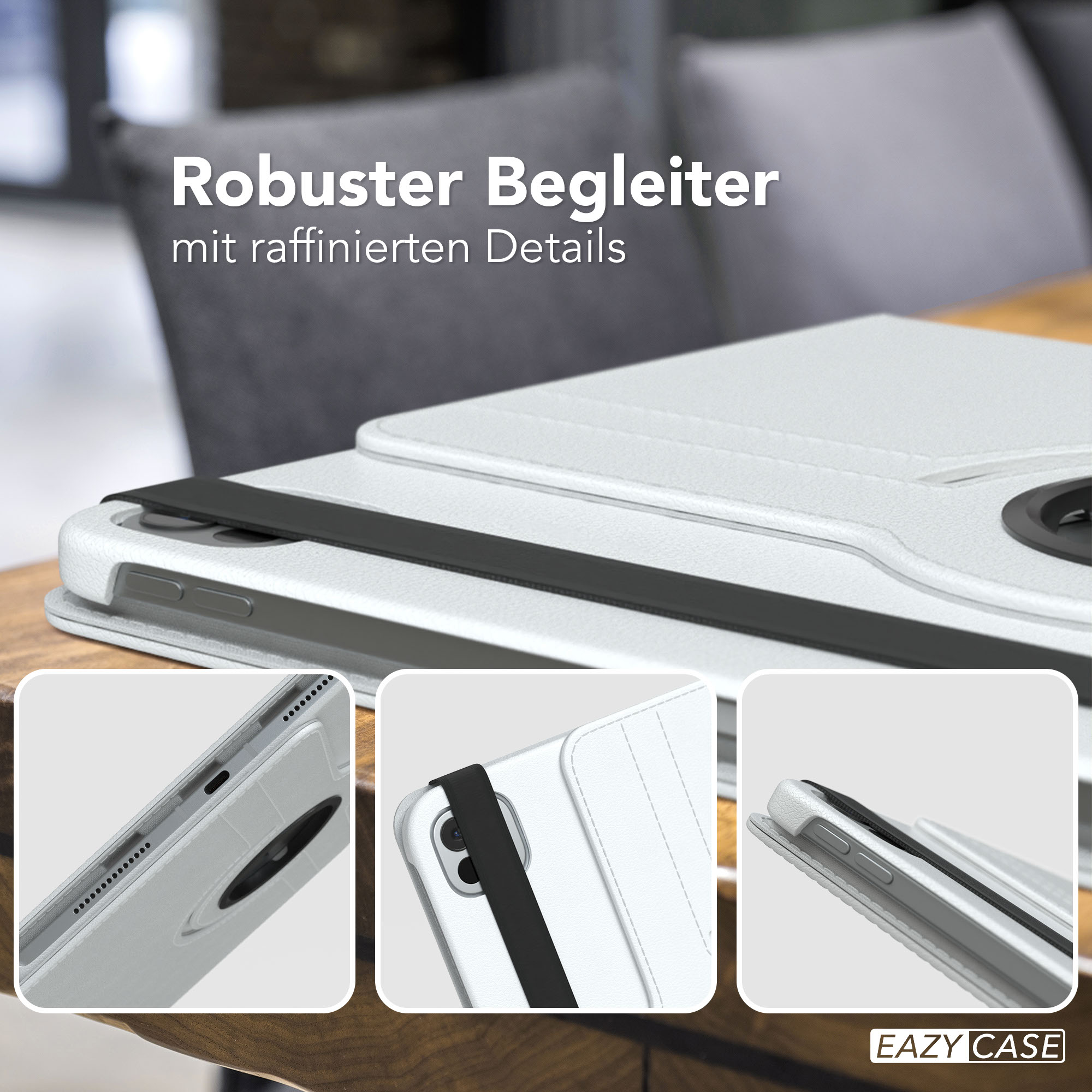 Weiße Tablethülle mit schwarzem Riemen. Nahaufnahmen zeigen Details. Text oben: 'Robuster Begleiter mit raffinierten Details'.