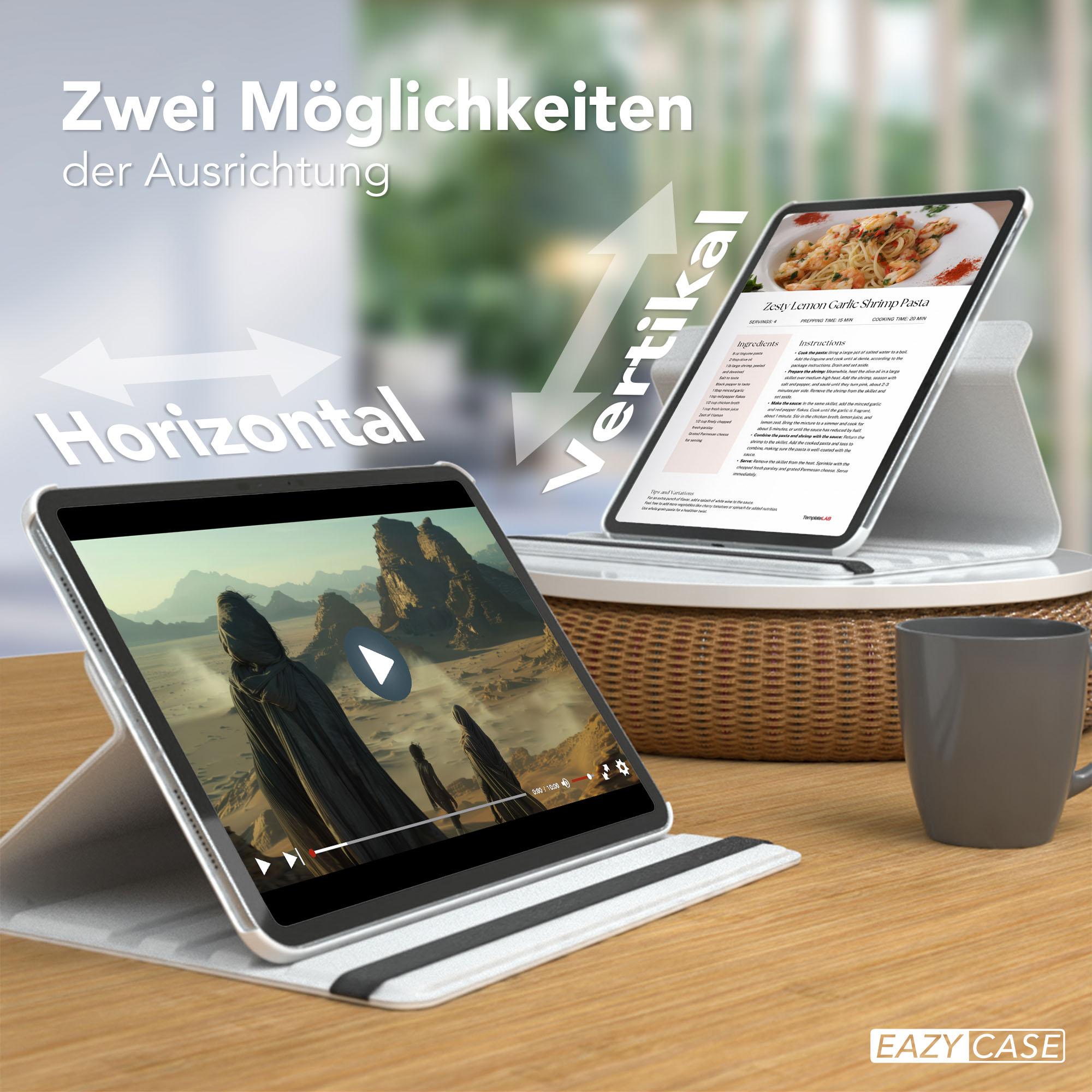 Zwei Tablets, eins horizontal, eins vertikal. Eines zeigt ein Video, das andere ein Rezept.
