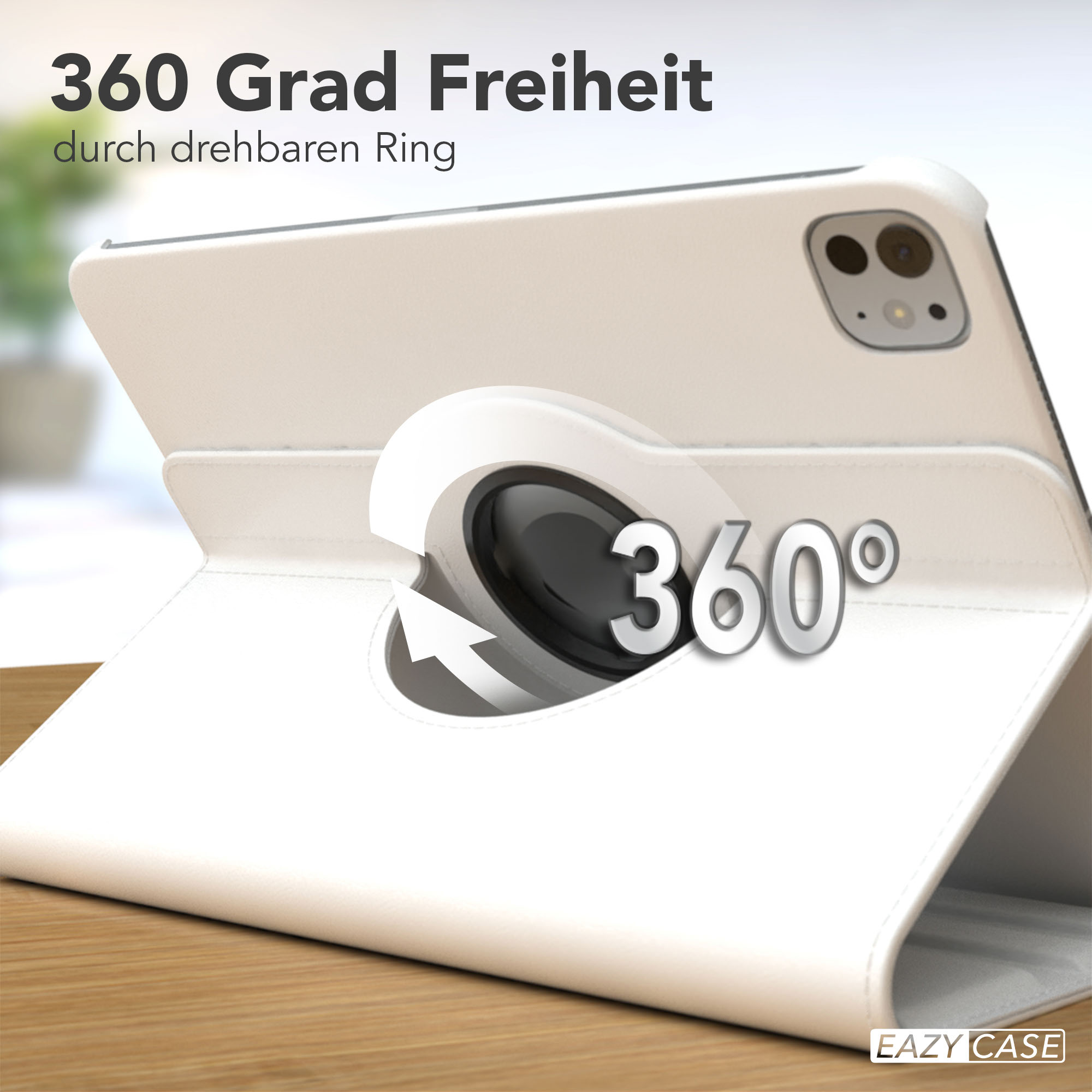 Weißes Tablet-Case mit einem um 360 Grad drehbaren Ring. Der Hintergrund zeigt Text auf Deutsch. Das Case liegt auf einer Holzoberfläche.