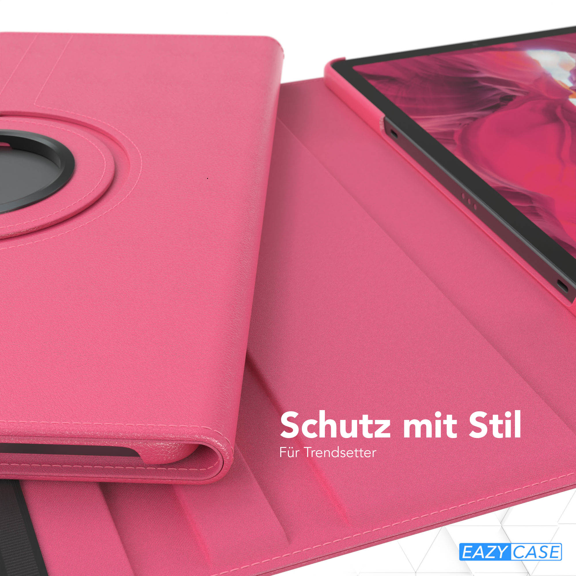 Rosa Tablethülle mit Tablet. Die Hülle ist offen und zeigt den Bildschirm. Text: 'Schutz mit Stil'.