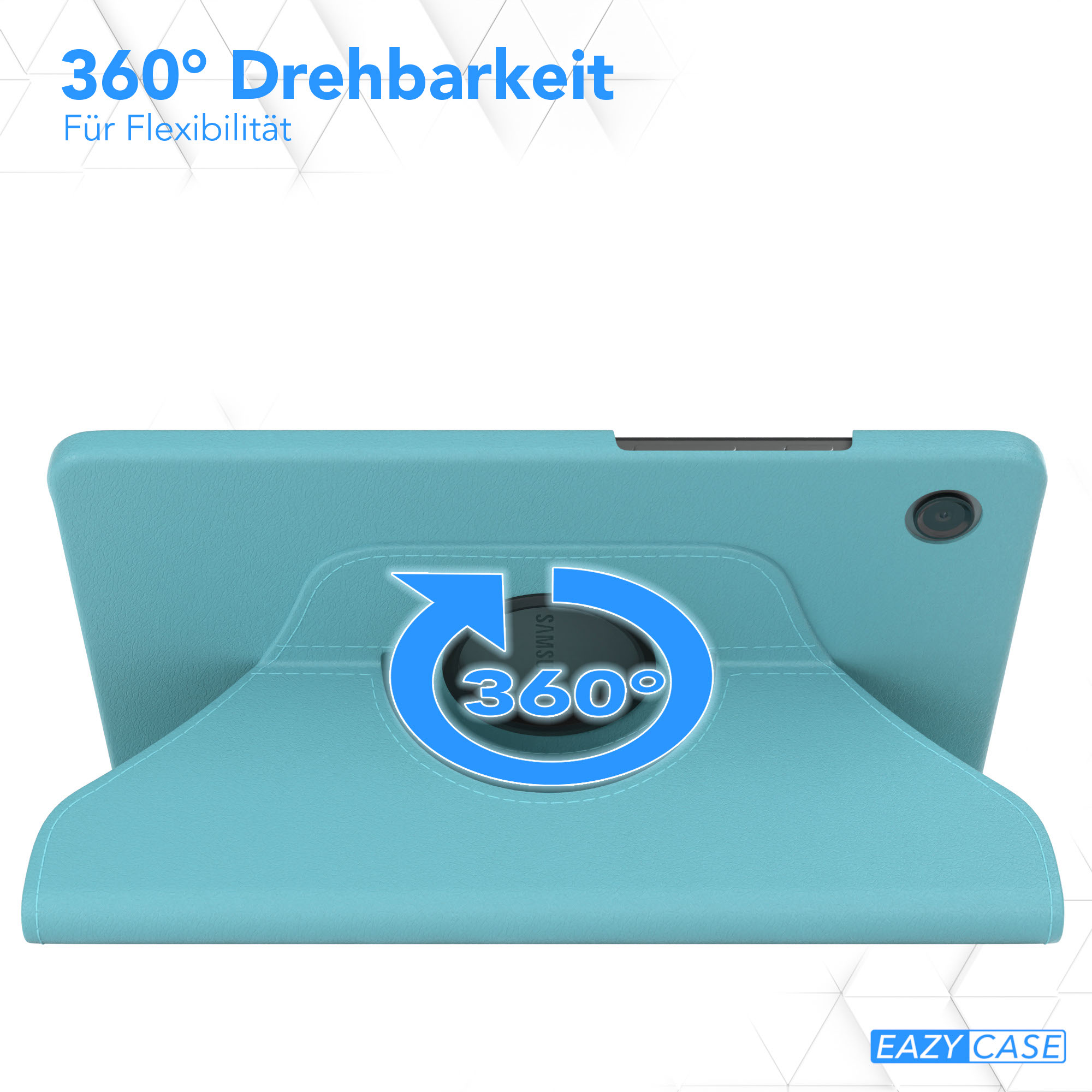Ein Tablet in einer tealfarbenen Hülle, das eine 360-Grad-Drehung zeigt. Der Text lautet '360° Drehbarkeit' und 'Für Flexibilität'.