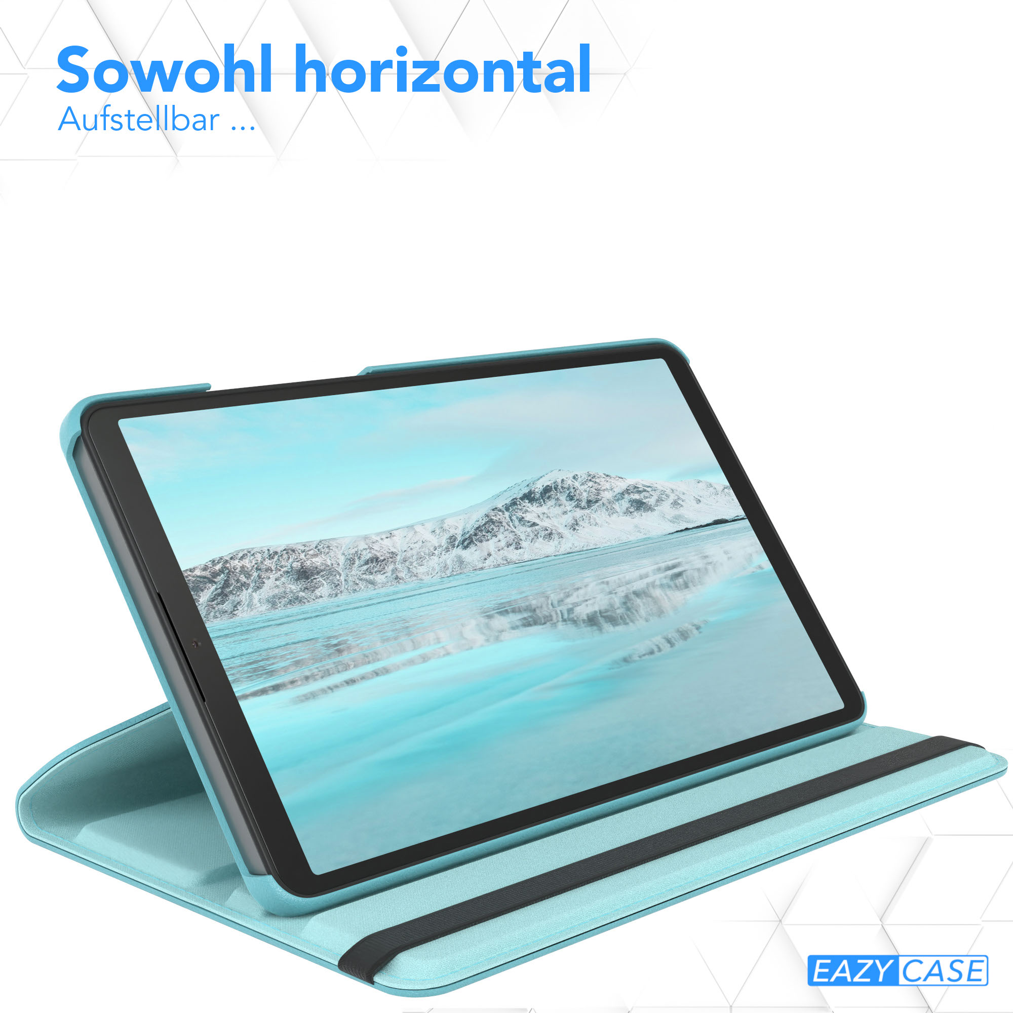 Ein Tablet in einer hellblauen Hülle. Der Bildschirm zeigt eine schneebedeckte Berglandschaft. Die Hülle ist offen.