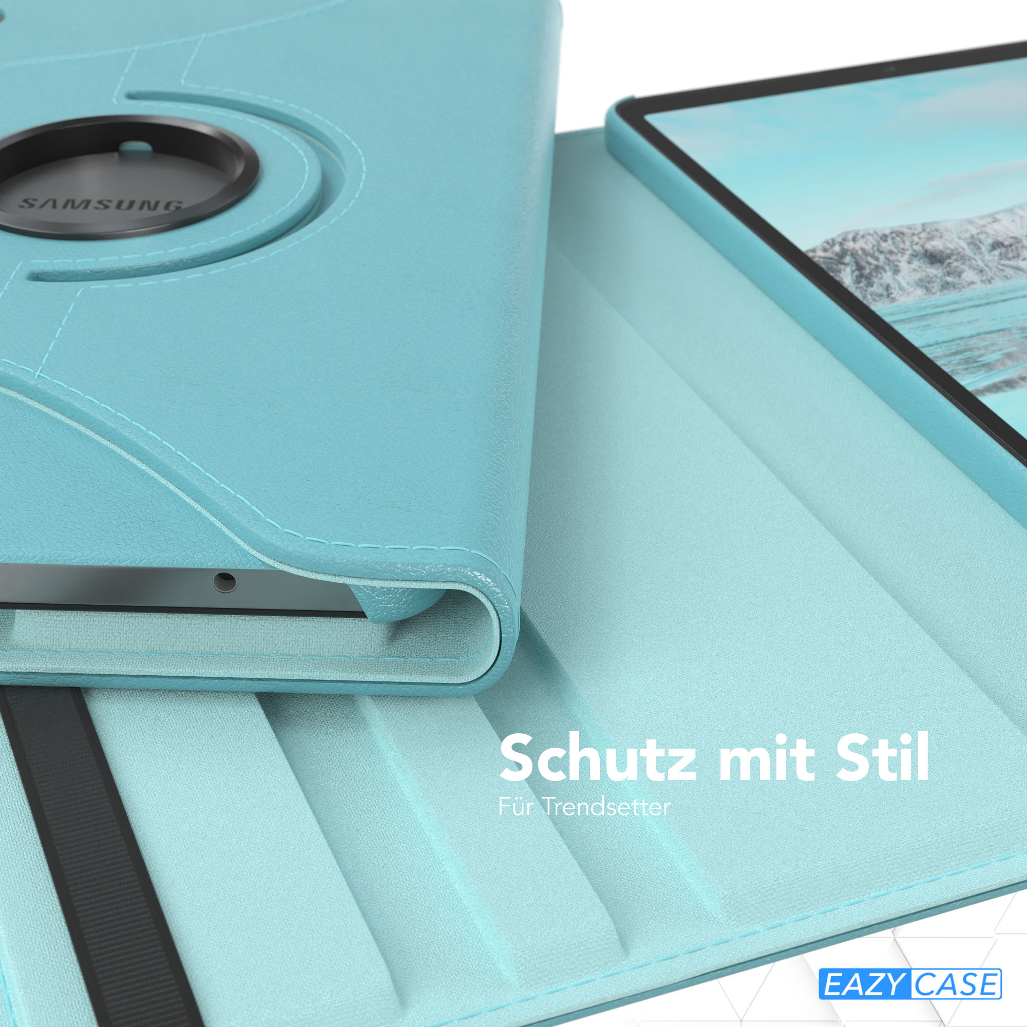Eine hellblaue Tablethülle mit Drehelement und Samsung-Logo. Die Hülle ist geöffnet und zeigt den Bildschirm.