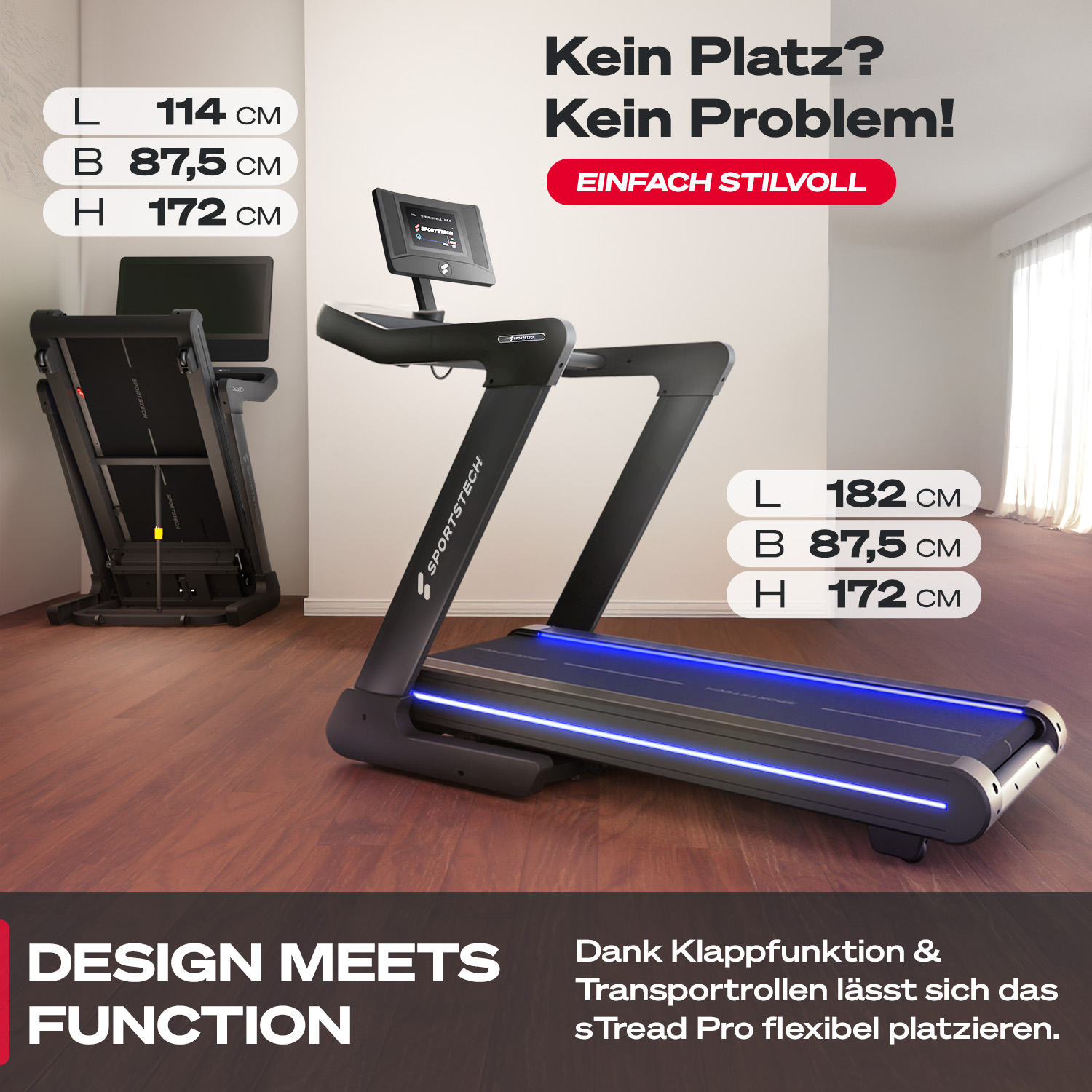Ein schwarzes Laufband mit Bildschirm im Vordergrund. Ein weiteres Laufband im Hintergrund. Text: Design trifft Funktion.