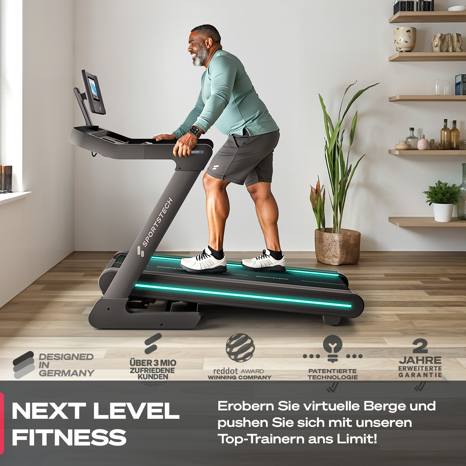 Ein Mann läuft auf einem Laufband. Das Laufband ist grau mit einem schwarzen Bildschirm. Text: 'Next Level Fitness'.