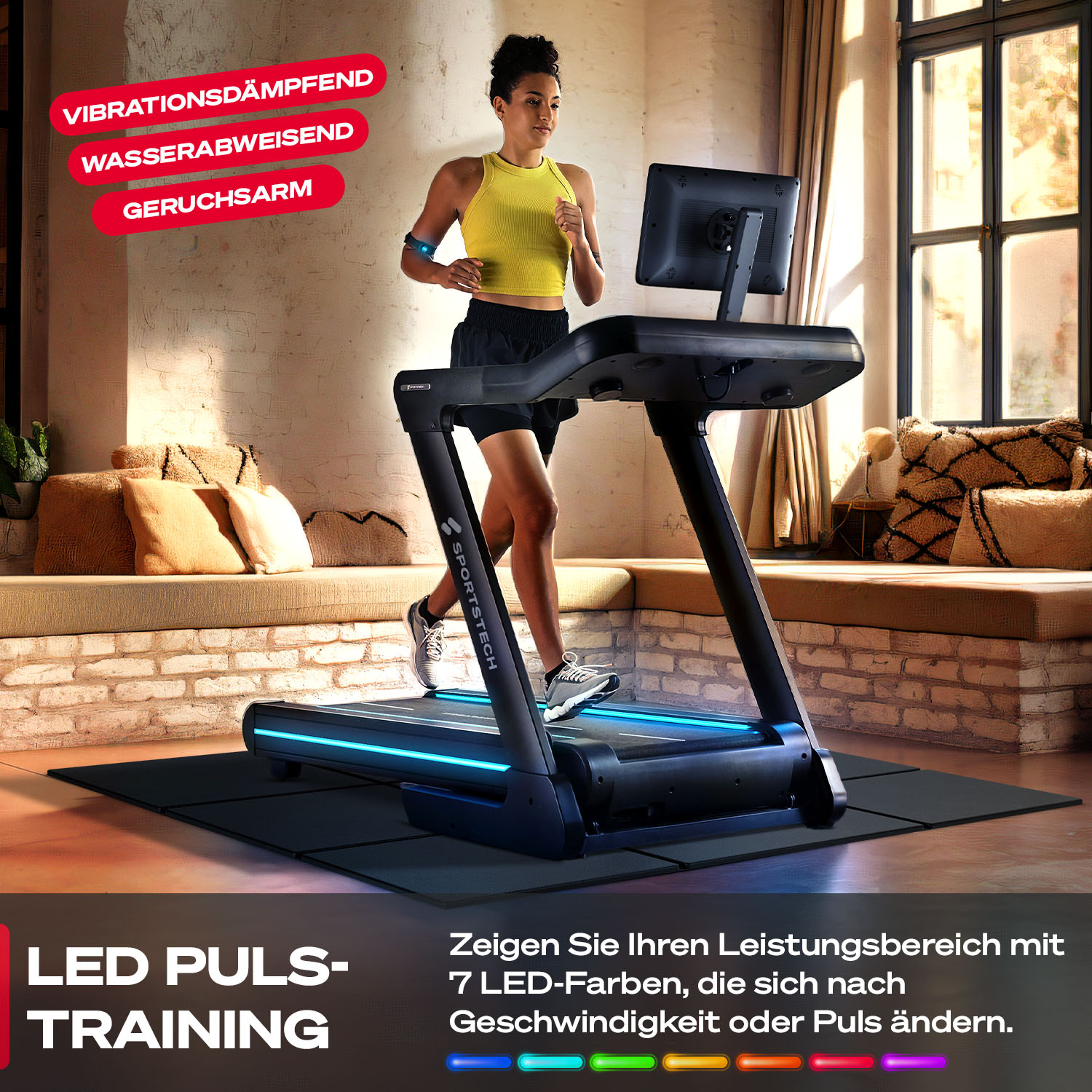 Eine Frau läuft auf einem Laufband. Das Laufband hat einen Bildschirm und LED-Leuchten. Text: 'LED PULS-TRAINING'. Weitere Texte zeigen Merkmale.