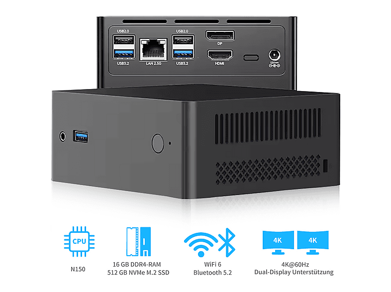 RAYOFI N9E, Mini PC mit Intel® N-Series Alder Lake N150 Prozessor, 16 GB RAM, 512 GB SSD, Intel® UHD Graphics Intel® UHD Graphics der 12, Windows 11 Pro