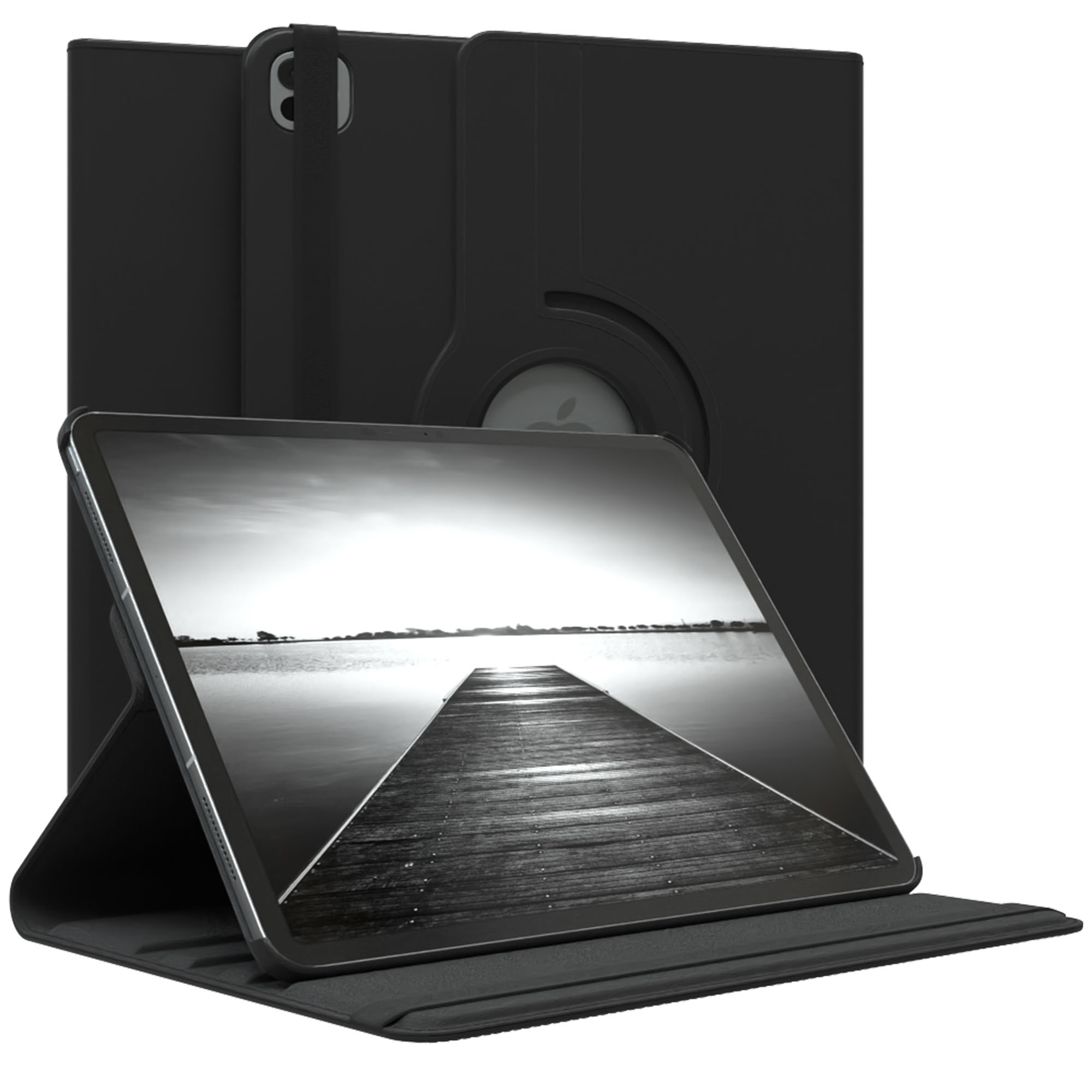 Schwarze Tablethülle mit einem iPad, das einen graustufigen Pier über Wasser anzeigt. Die Hülle ist zum Anzeigen abgewinkelt.