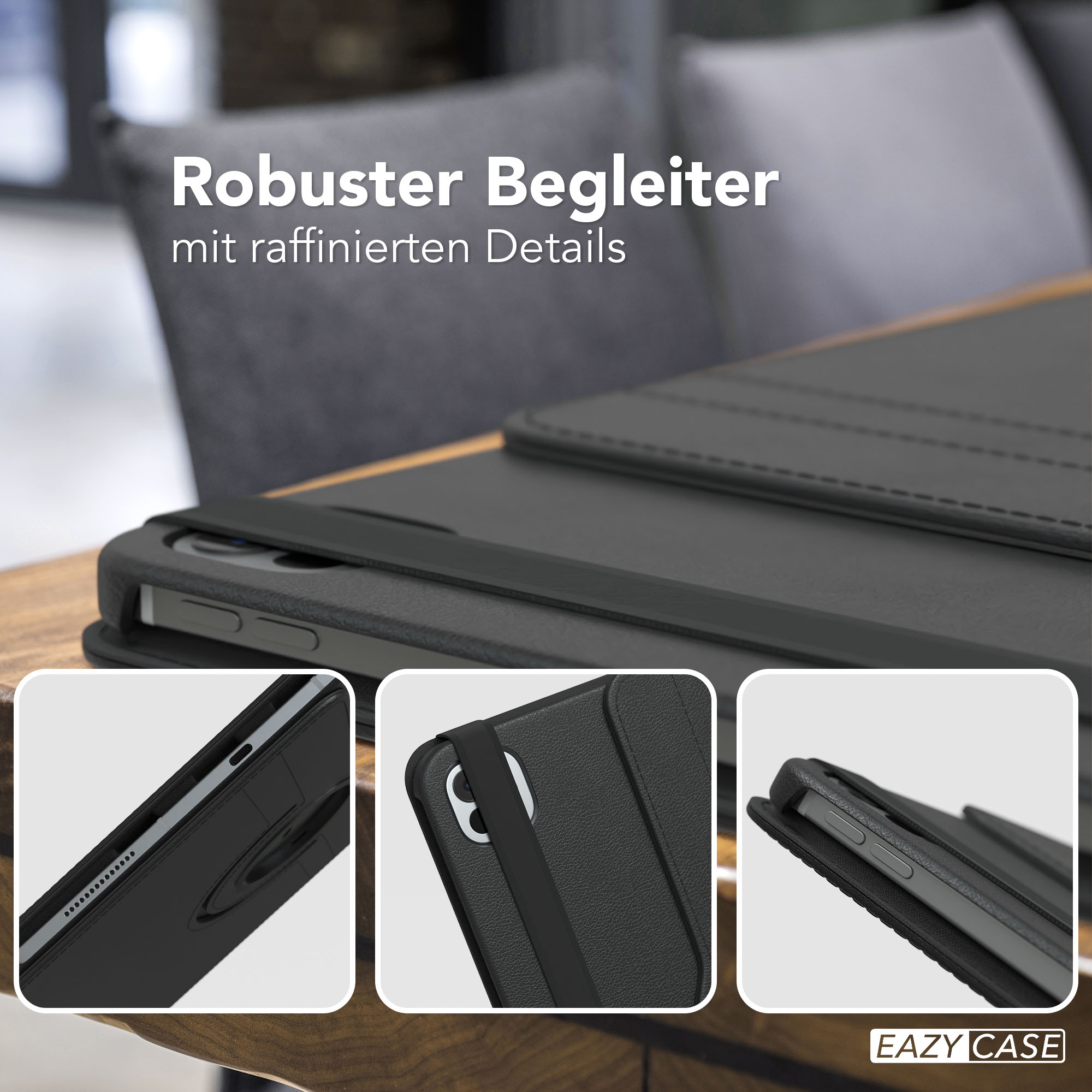 Schwarze Tablet-Hülle mit Gummiband, auf einem Holztisch platziert. Der Hintergrund zeigt ein verschwommenes Bild einer Couch.