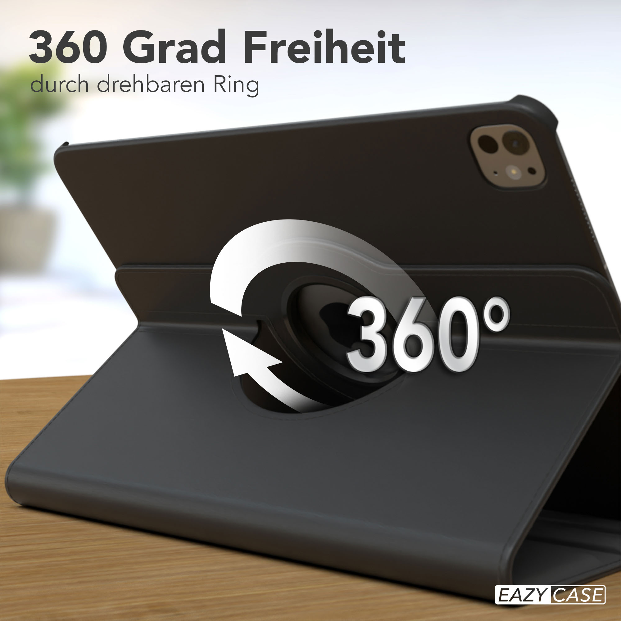 Schwarze Tablethülle mit 360-Grad-Drehung. Der Text lautet '360 Grad Freiheit'. Ein weißer Pfeil zeigt die Drehfunktion an.