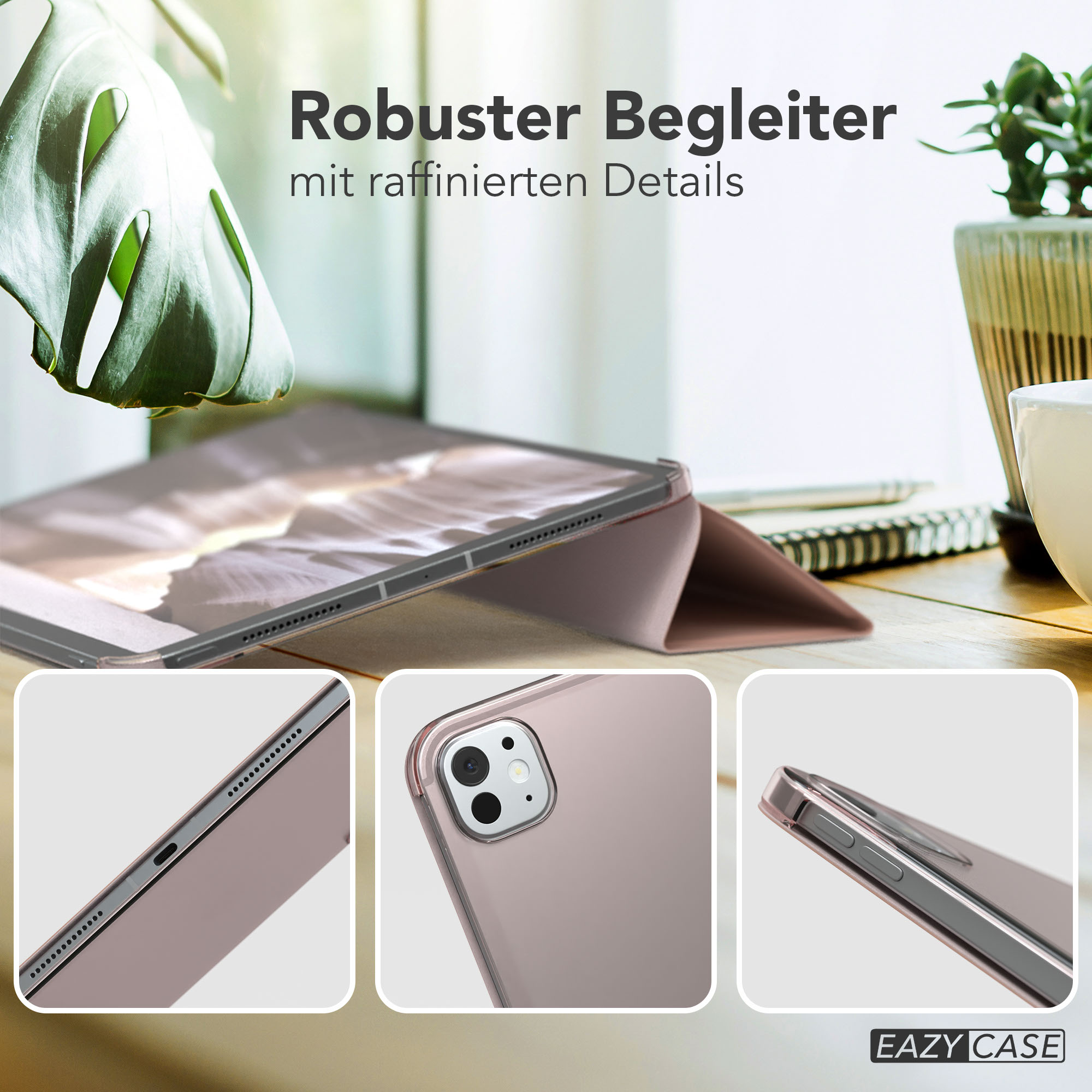 Ein iPad in einer Hülle, mit Details des Hüllendesigns. Text lautet 'Robuster Begleiter mit raffinierten Details'.