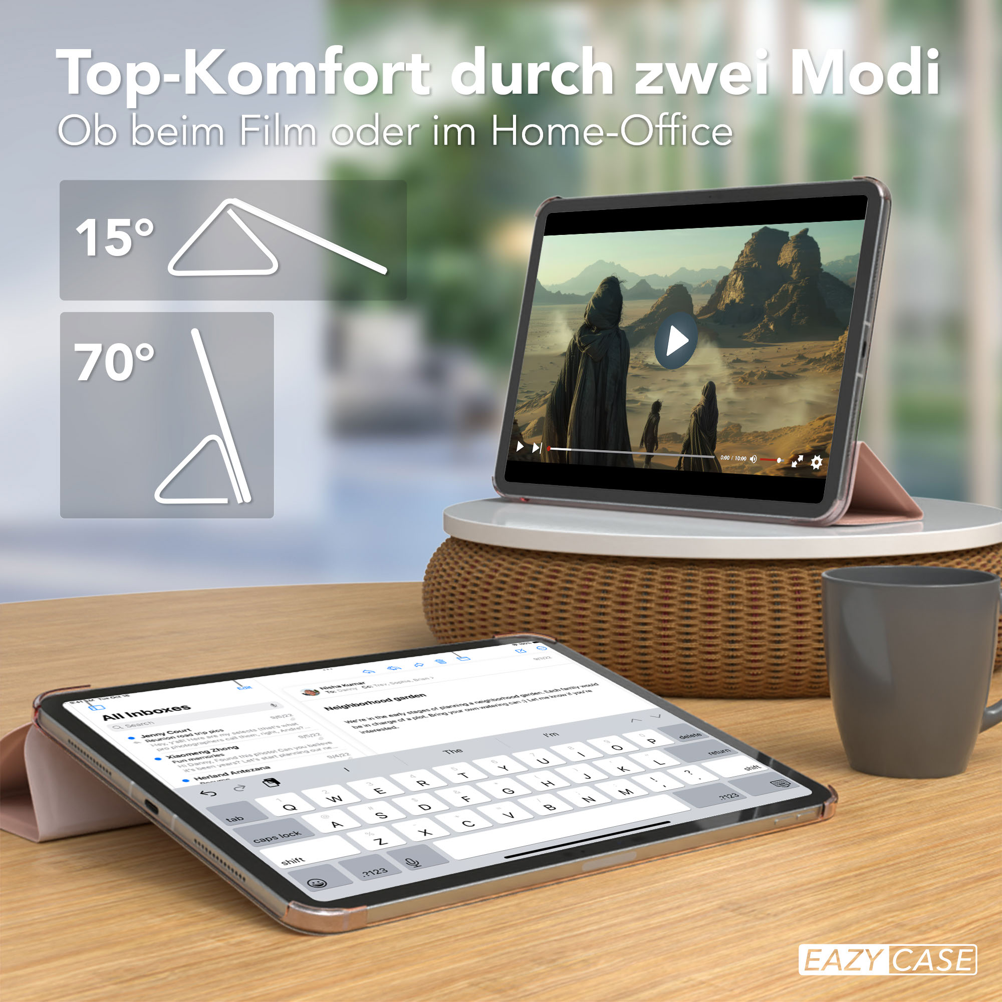 Tablets, eines zeigt Video, das andere mit Tastatur. Diagramme von 15- und 70-Grad-Winkeln. Tasse auf dem Tisch.
