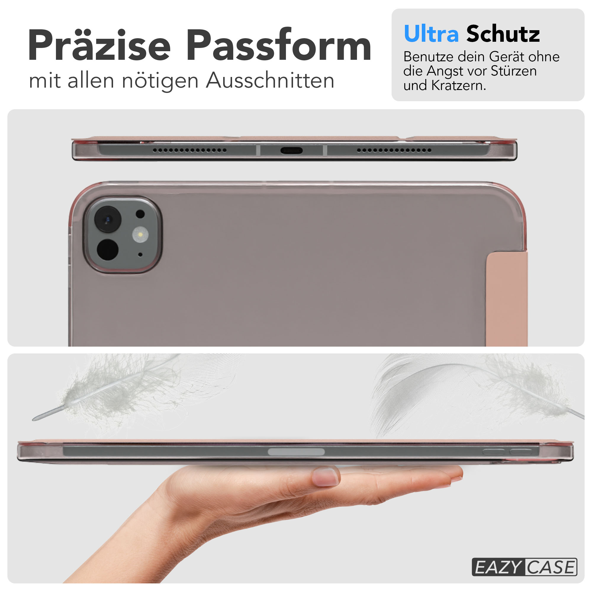 Eine Handyhülle wird in einer Hand gehalten. Die Hülle ist rosa und transparent. Der Text lautet 'Ultra Schutz' und 'EAZY CASE'.
