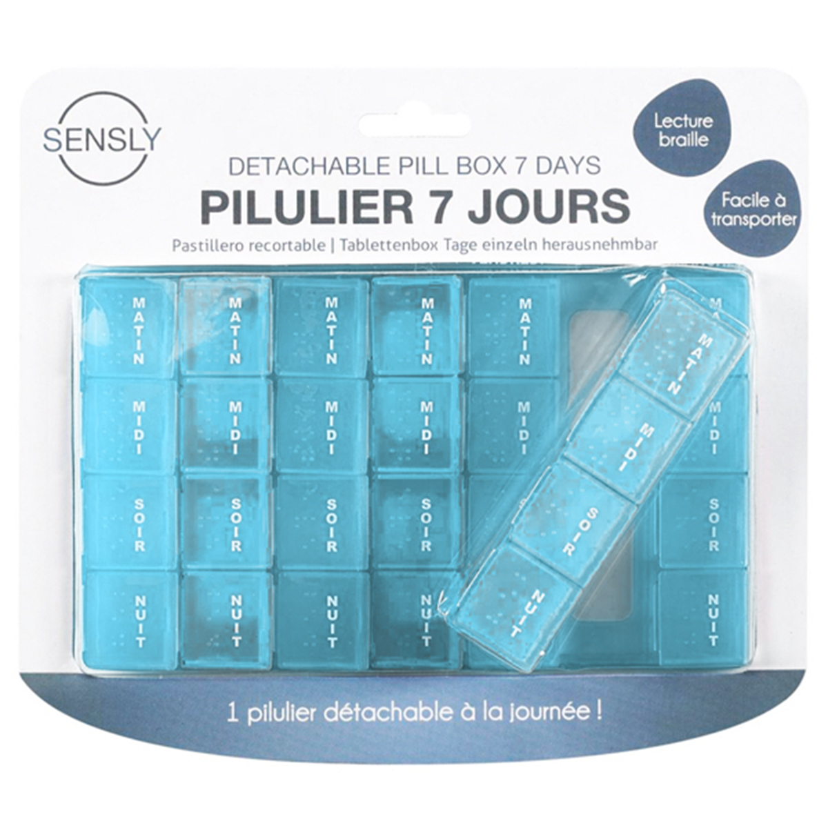 Eine blaue Pillenbox für 7 Tage, beschriftet mit Tageszeiten. Ein abnehmbarer Pillenbehälter befindet sich davor.