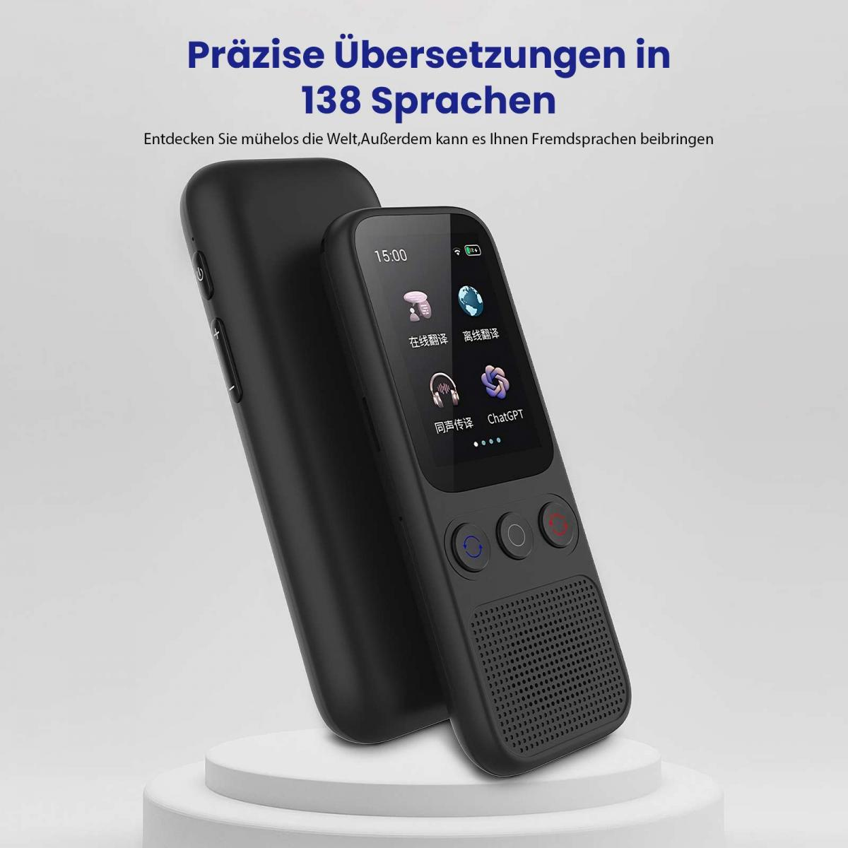 Ein schwarzes Übersetzungsgerät mit einem Bildschirm, der Optionen wie Online-Übersetzung und ChatGPT anzeigt. Das Gerät befindet sich auf hellem Hintergrund.