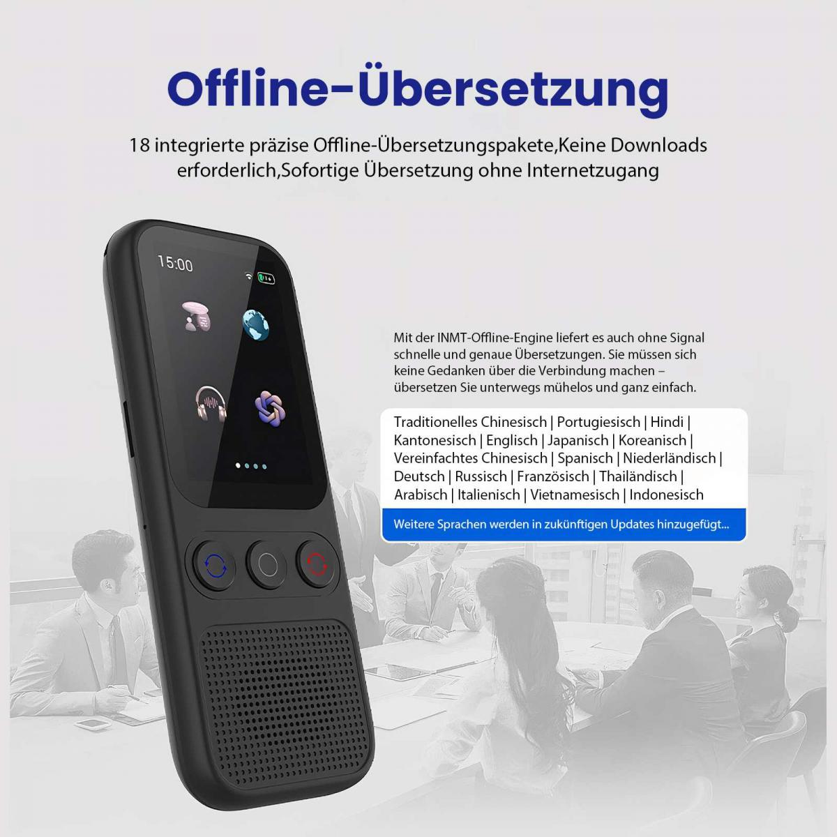 Ein schwarzes Übersetzungsgerät wird vor einem verschwommenen Hintergrund gehalten. Der Text oben lautet 'Offline-Übersetzung'.