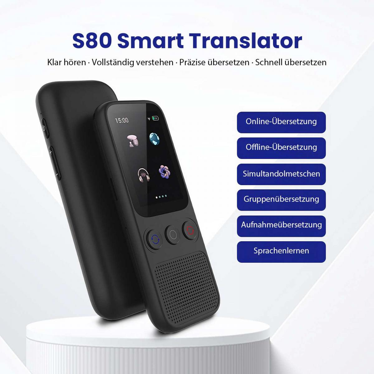 Schwarzer S80 Smart Translator mit Bildschirm, der Zeit und Symbole anzeigt, neben einer schwarzen Abdeckung. Blaue Tasten listen Übersetzungsfunktionen auf.
