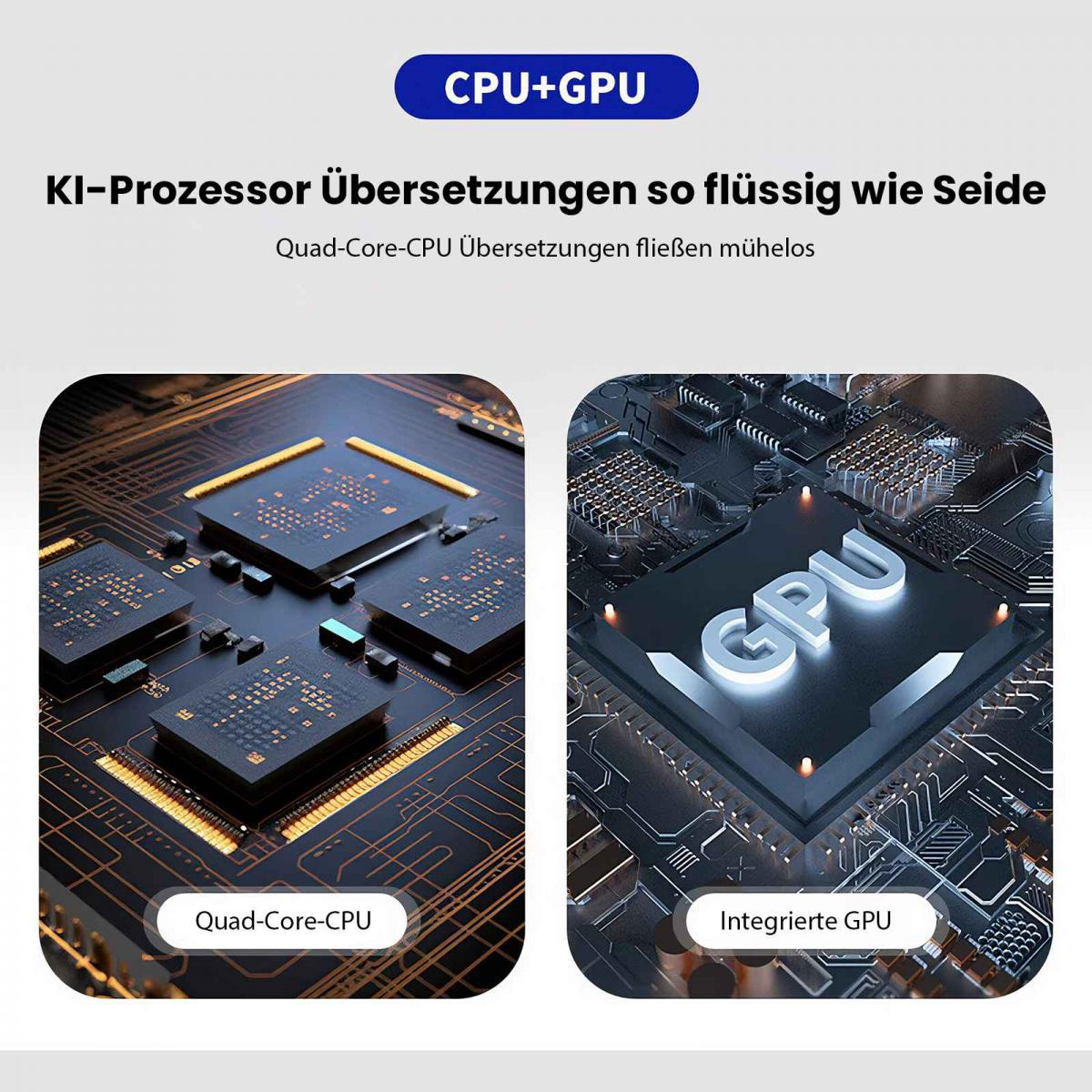 Das Bild zeigt CPU+GPU mit Text, zwei Chip-Designs mit der Bezeichnung 'Quad-Core-CPU' und 'Integrierte GPU'. Grafische Darstellung von Chips.