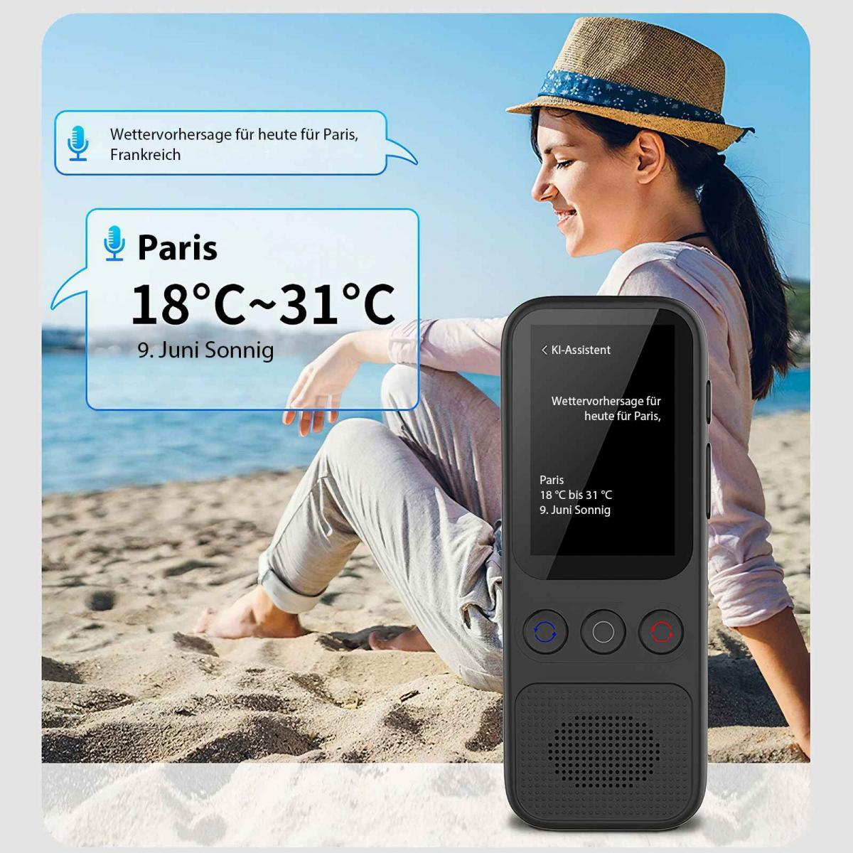 Eine Frau am Strand mit einem Gerät, das das Wetter in Paris anzeigt. Die Vorhersage ist sonnig, 18-31 Grad Celsius.