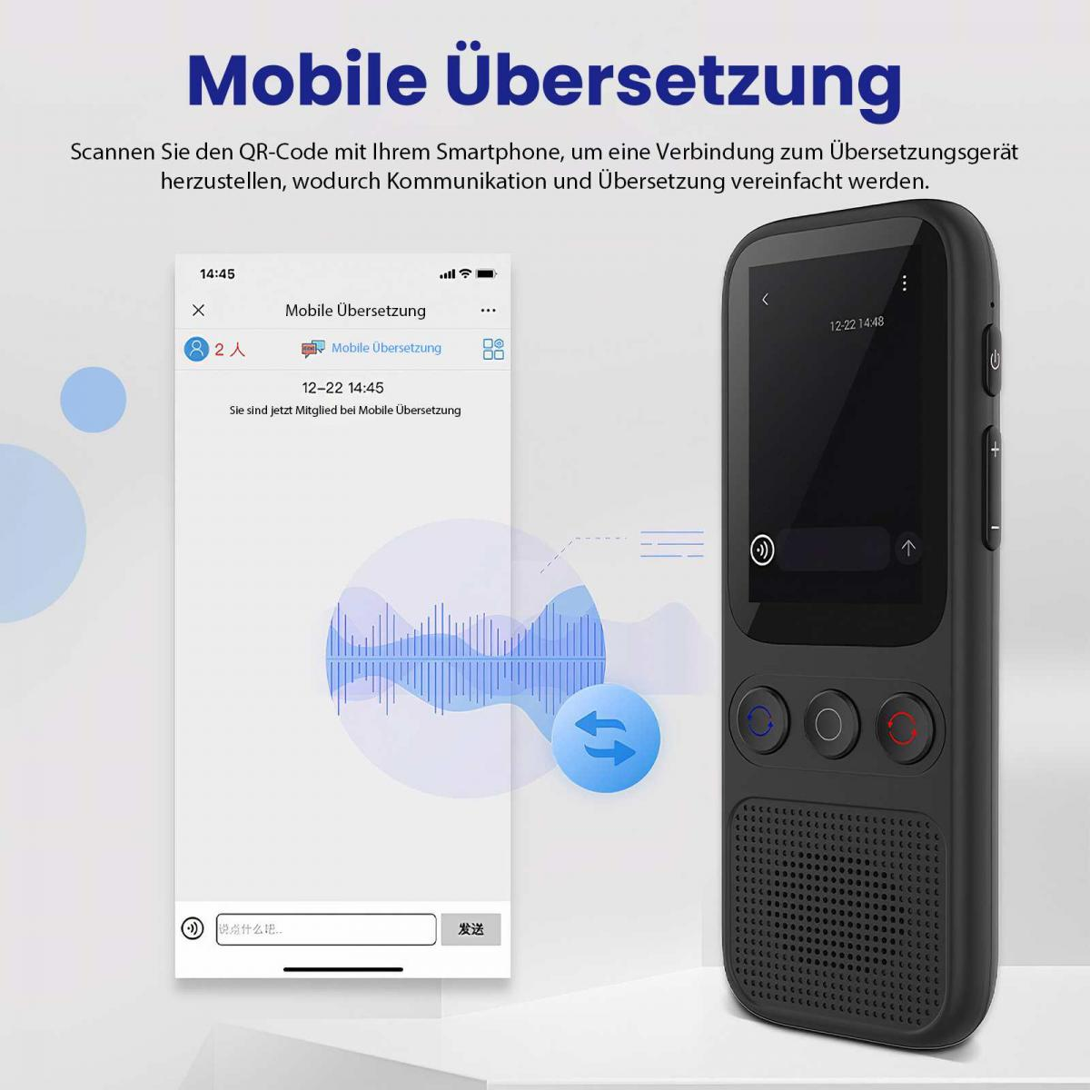Das Bild zeigt einen Smartphone-Bildschirm und ein Übersetzungsgerät. Der Bildschirm zeigt Übersetzungsoptionen und Zeit an. Das Gerät ist schwarz.
