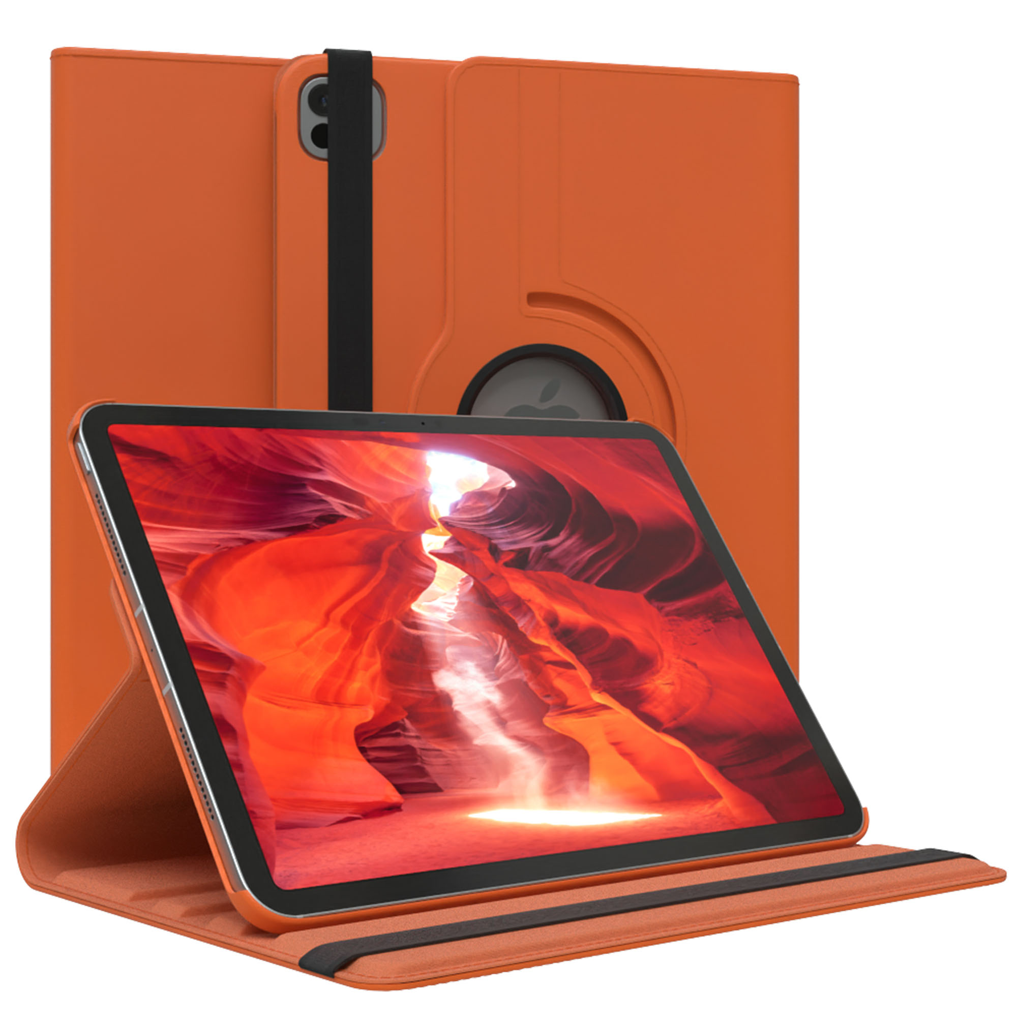 Orangene Tablethülle mit schwarzem Riemen, zeigt ein iPad mit einem roten Canyon-Bild.