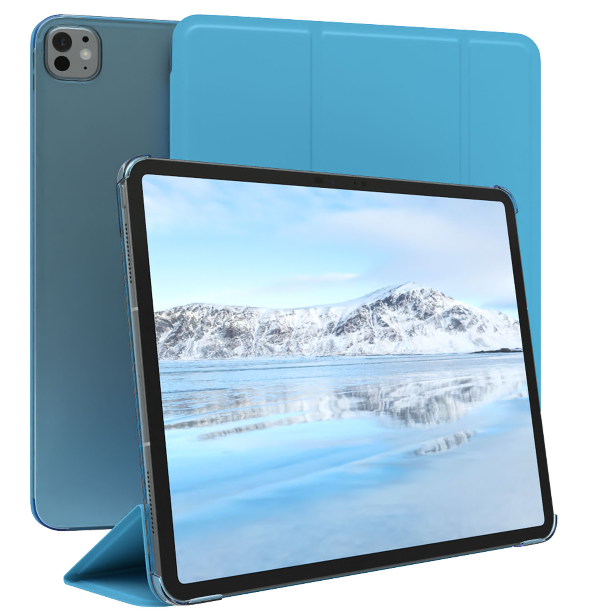 Tablet mit blauer Hülle, zeigt eine Winterlandschaft auf dem Bildschirm. Eine weitere blaue Hülle ist dahinter.