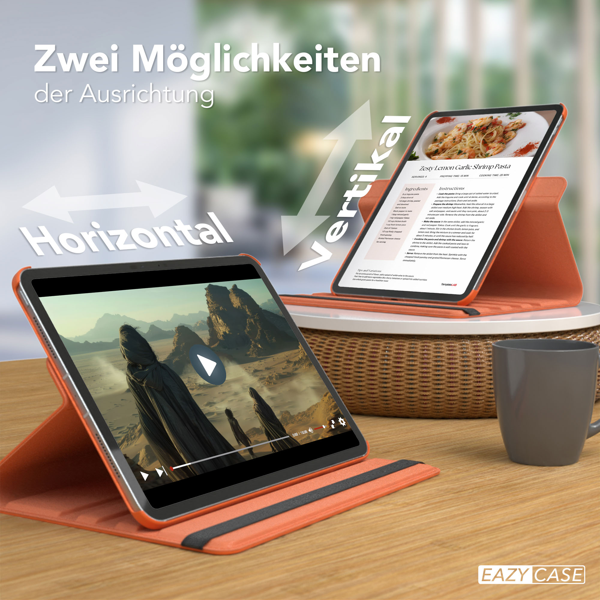 Tablets in orangefarbenen Hüllen zeigen ein Video und ein Rezept. Pfeile zeigen horizontale und vertikale Ausrichtungen.