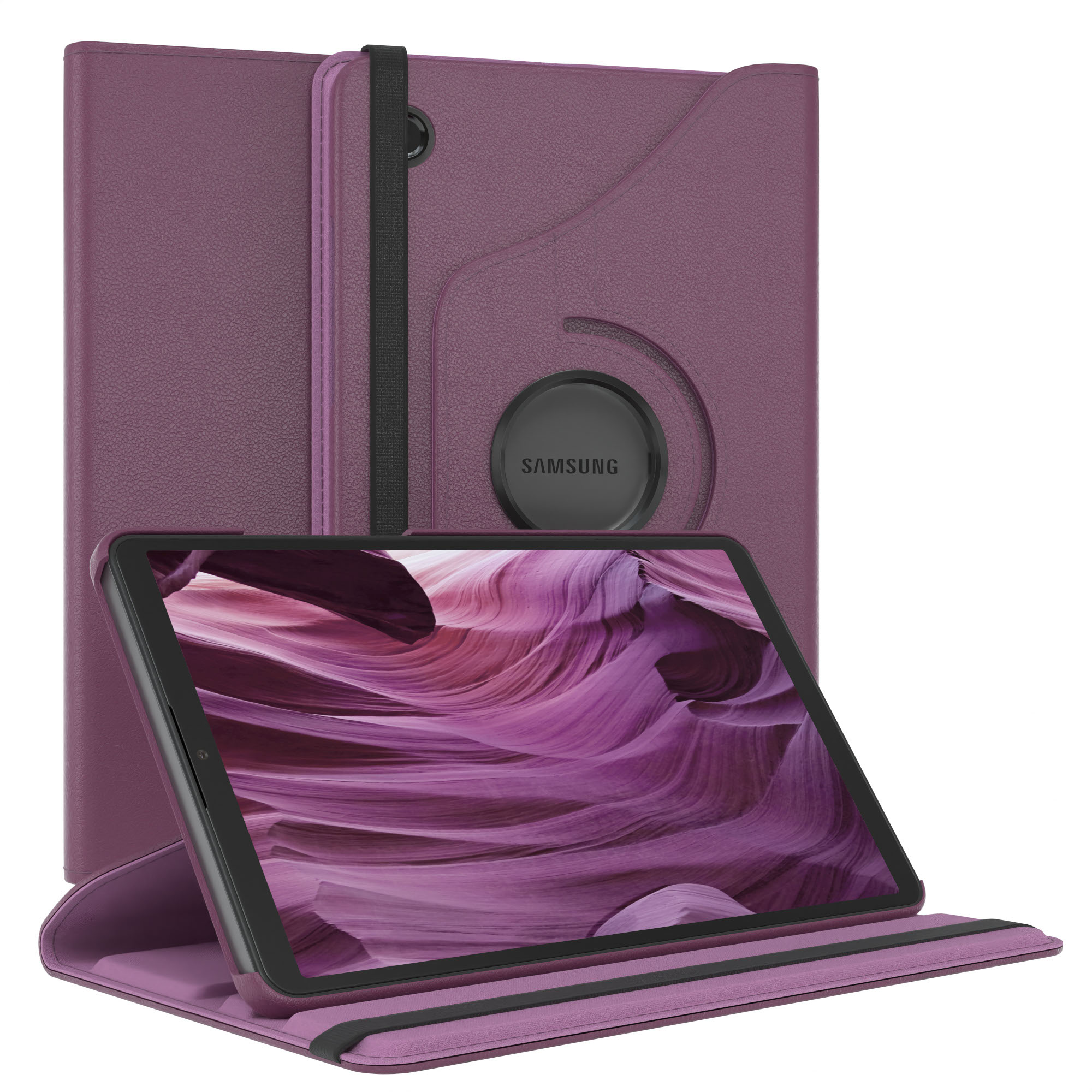 Lila Tablet-Hülle mit Tablet, das eine Canyon-Landschaft zeigt. Die Hülle ist offen.
