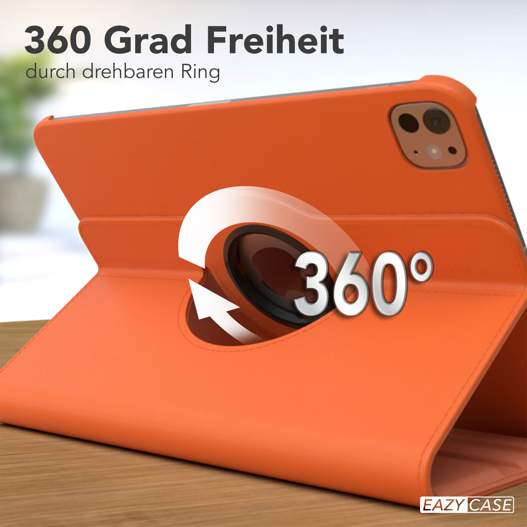Orangene Tablethülle mit 360-Grad-Drehung. Die Hülle ist geöffnet und zeigt die Innenseite. Text: '360 Grad Freiheit'.