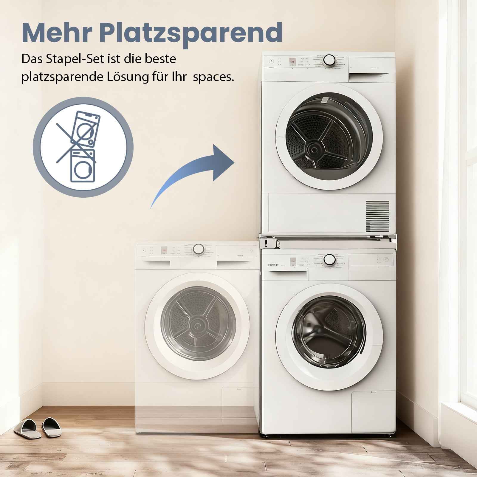 Das Bild zeigt eine gestapelte Waschmaschine und einen Trockner mit Text, der platzsparendes Design bewirbt.
