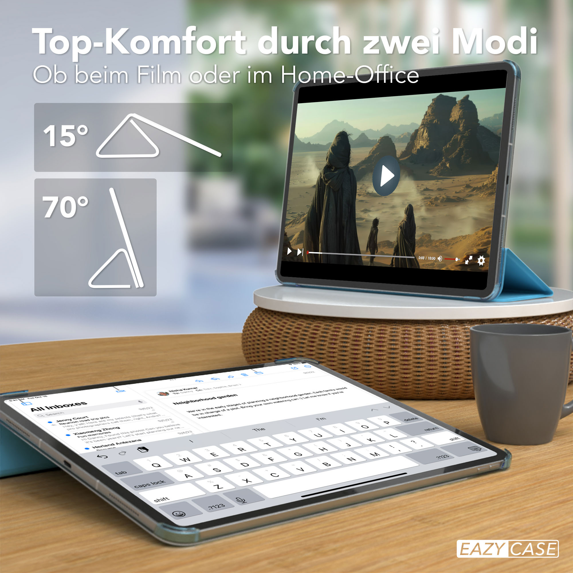 Zwei Tablets auf einem Holztisch. Eines mit einem Video, das andere mit einer Tastatur, um die Funktionalität zu demonstrieren.