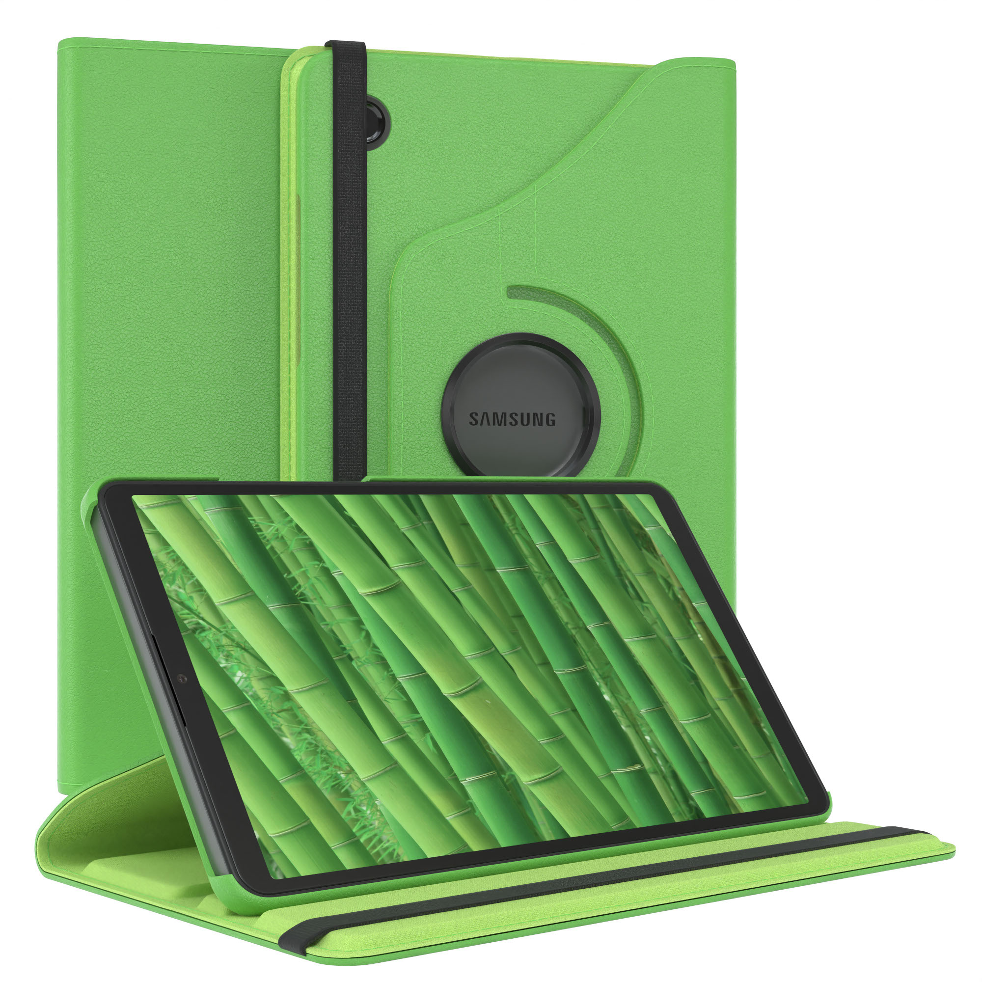 Grüne Tablet-Hülle mit offenem Tablet. Der Tablet-Bildschirm zeigt Bambusstängel. Schwarzer Riemen und Samsung-Logo sichtbar.