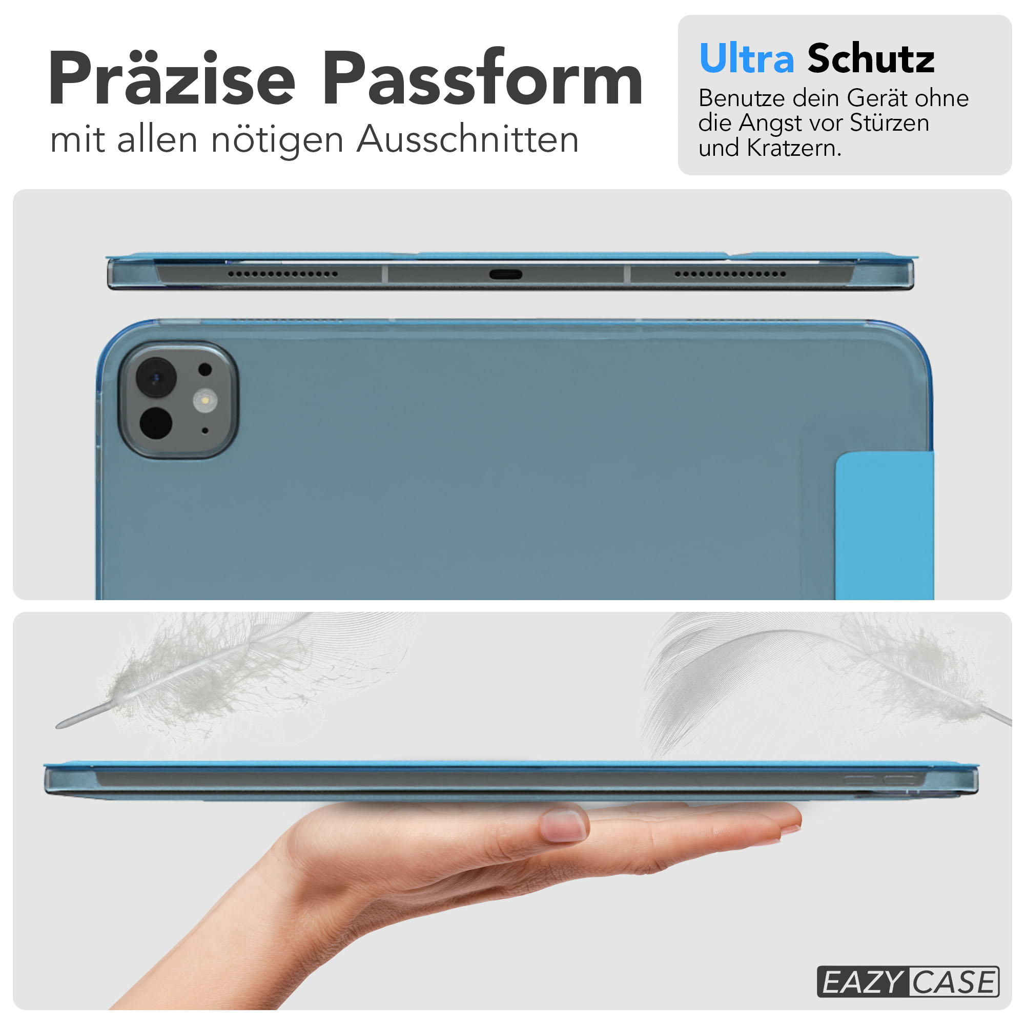 Ein iPad in einer blauen Hülle wird von einer Hand gehalten. Federn schweben im Hintergrund. Text: 'Ultra Schutz'.