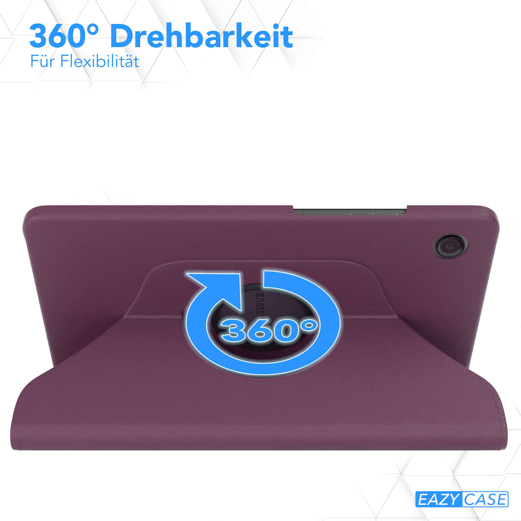 Eine lila Tablet-Hülle mit 360-Grad-Drehfunktion, vor weißem Hintergrund dargestellt.