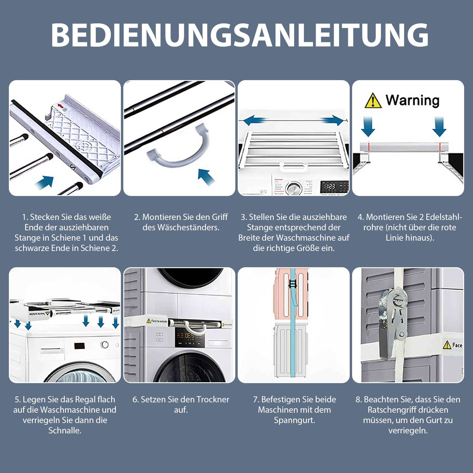 Anleitung mit Diagrammen zum Aufbau eines Waschmaschinenständers, einschließlich Warnungen und Schritte zur Sicherung.