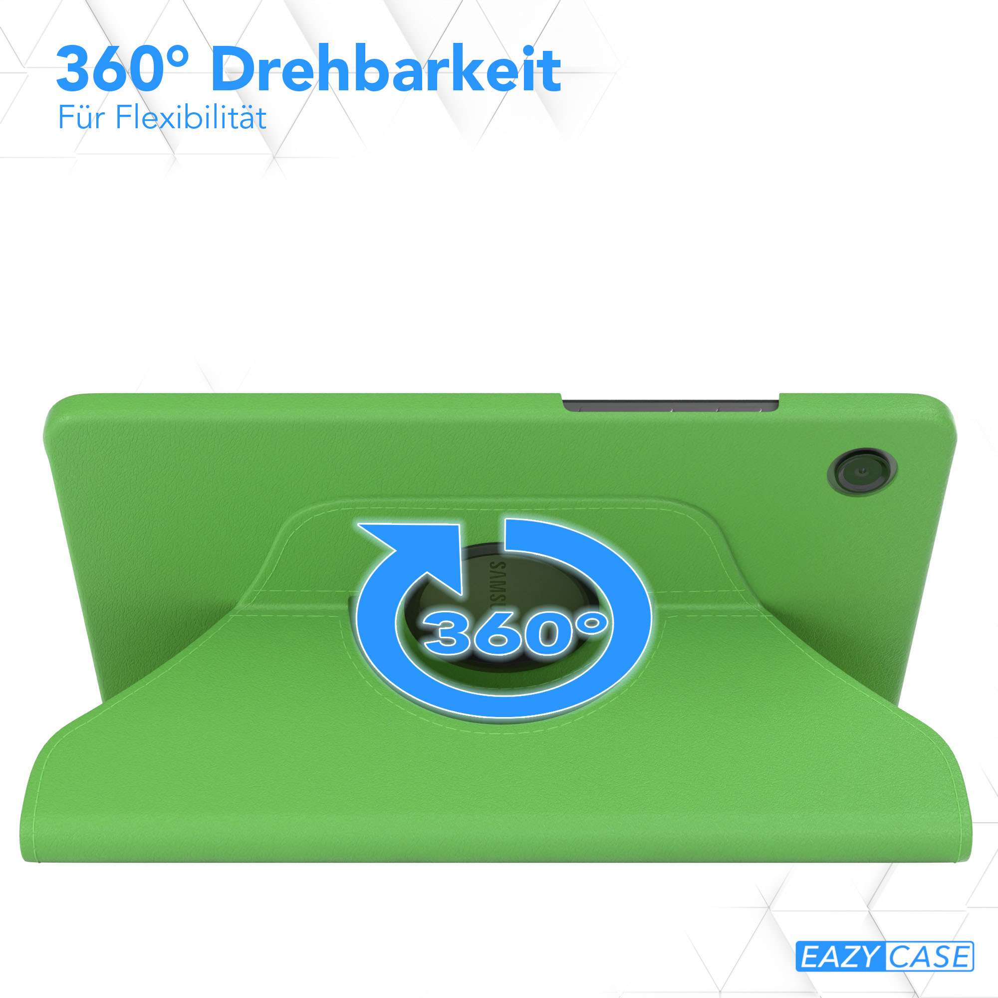 Eine grüne Tablethülle mit 360-Grad-Drehung. Der Text lautet '360° Drehbarkeit' und 'Für Flexibilität'.