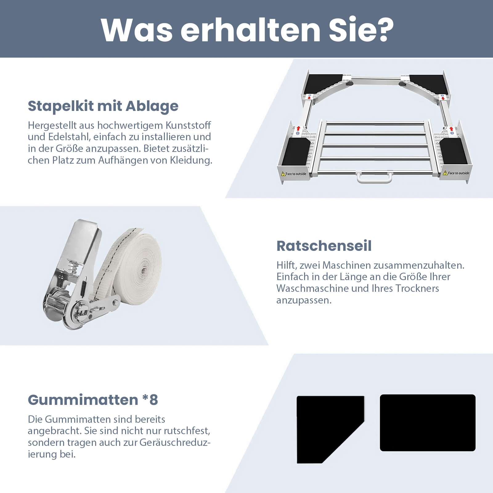 Das Bild zeigt ein stapelbares Kit, ein Ratschenseil und Gummimatten. Das Kit hat eine Ablage, das Seil ist weiß und die Matten sind schwarz.
