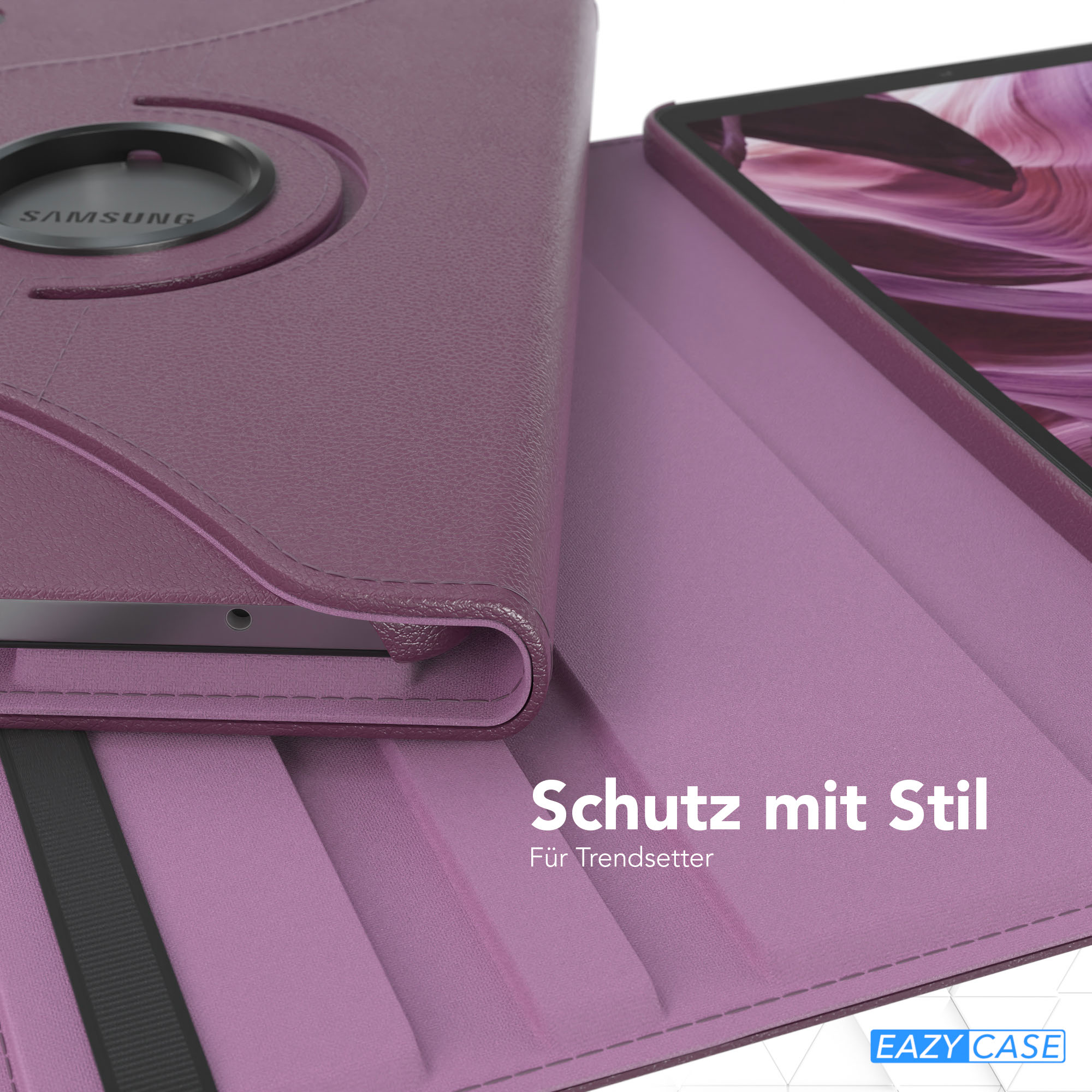 Eine lila Tablet-Hülle mit einem Tablet darin. Die Hülle hat einen Drehmechanismus mit dem Samsung-Logo.