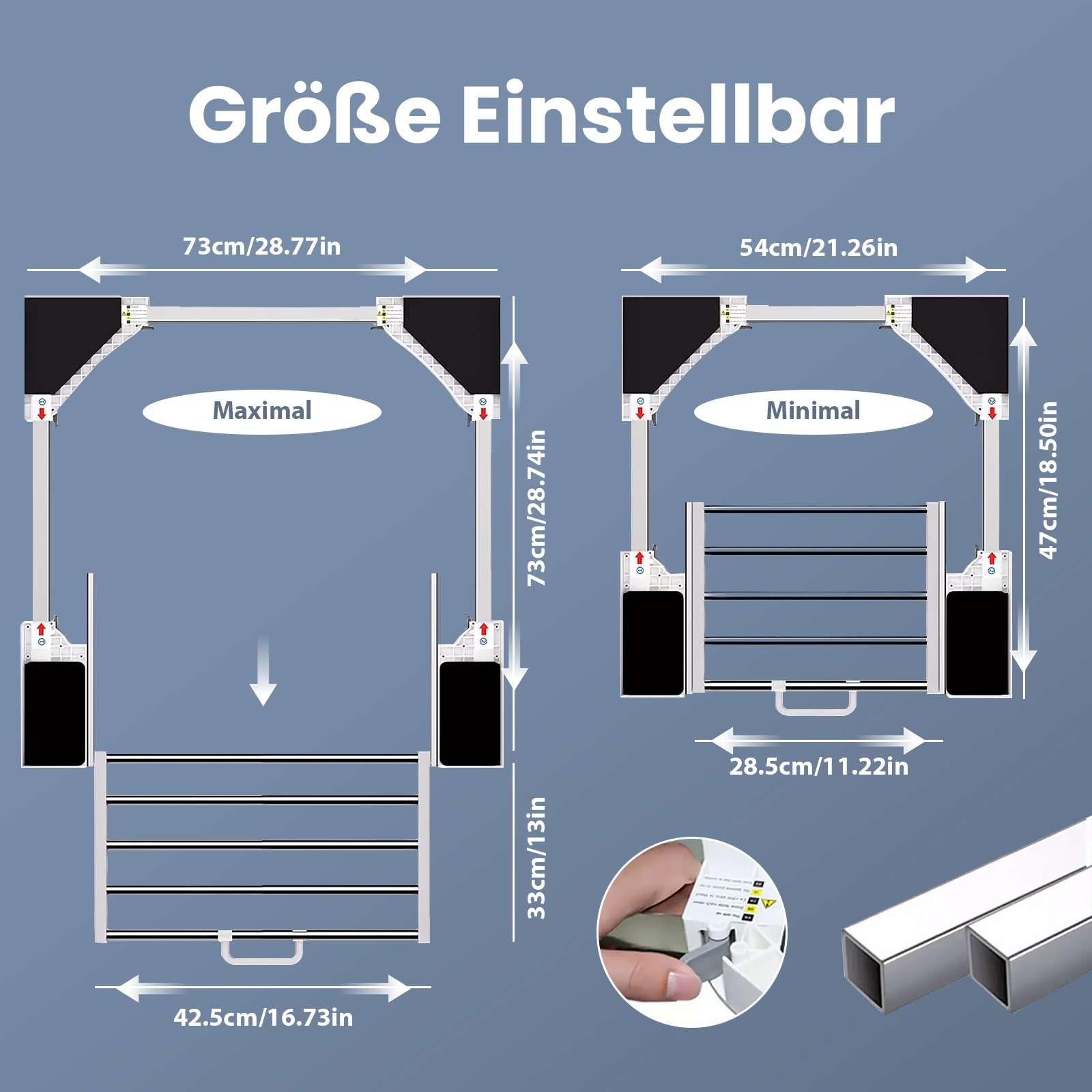 Diagramm mit einstellbarer Größe und Abmessungen. Zwei Diagramme: maximal und minimal. Maße in cm und Zoll.