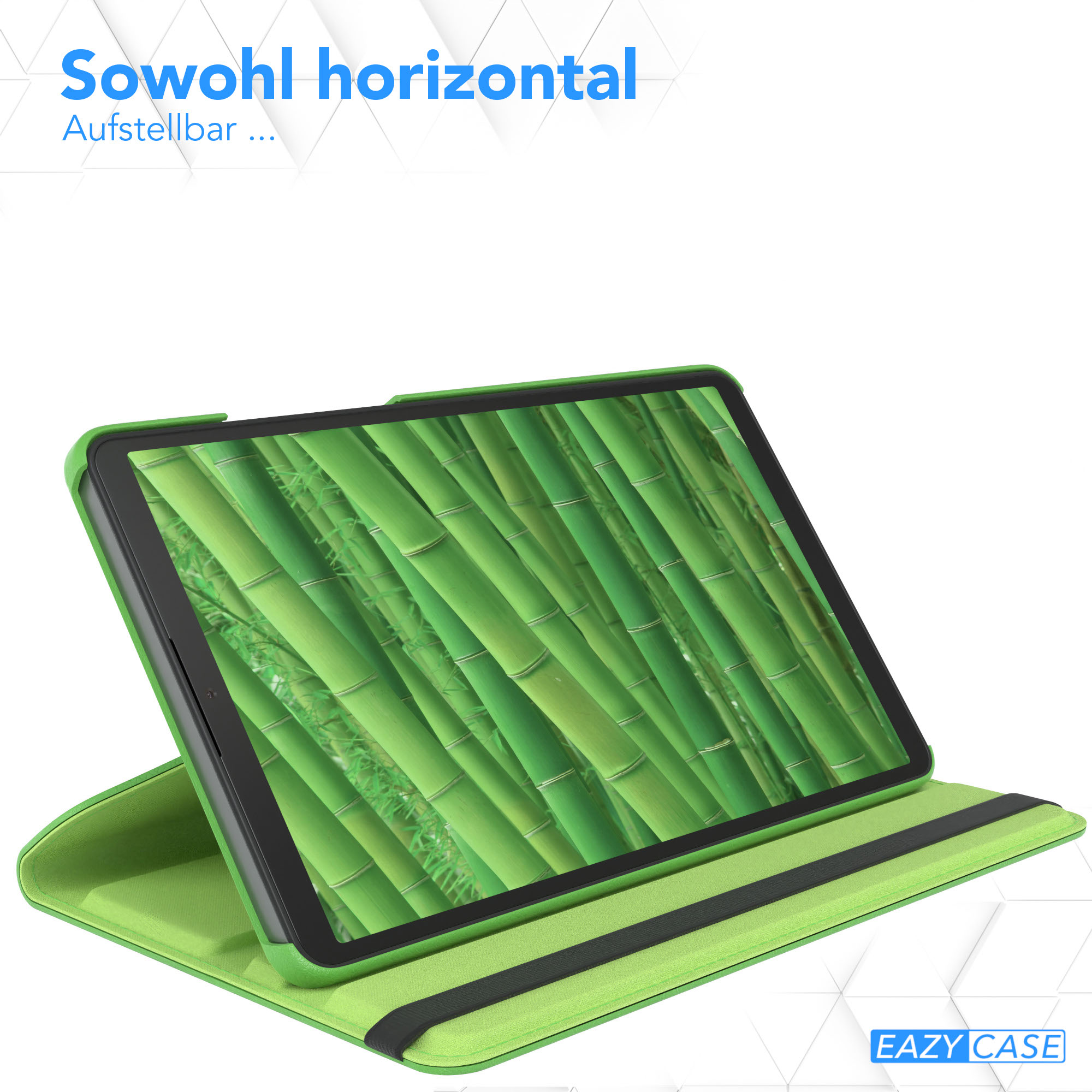 Ein Tablet mit grüner Hülle ist geöffnet und zeigt ein Bambuswald-Bild. Oben steht 'Sowohl horizontal'.