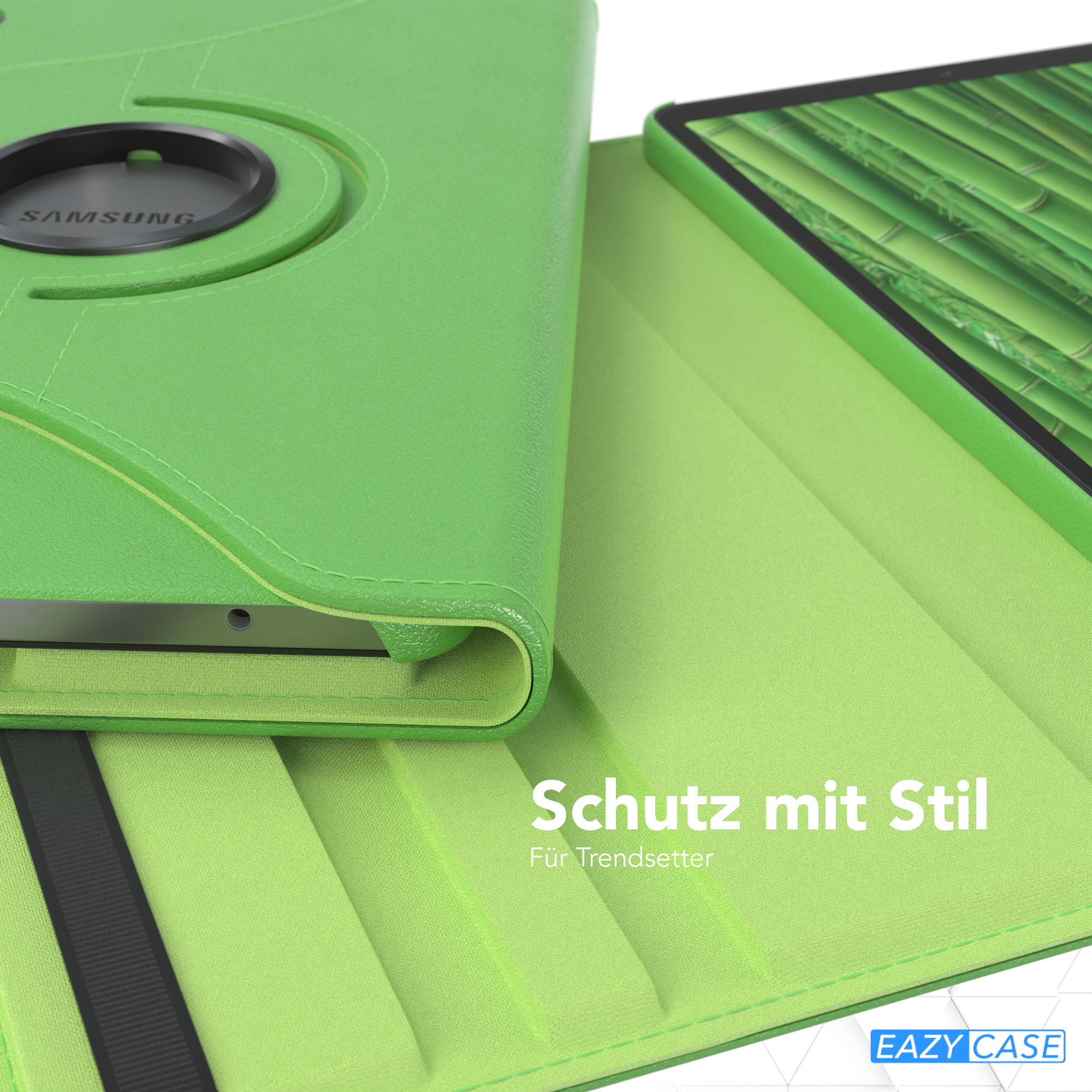 Grüne Tablet-Hülle mit Samsung-Logo. Geöffnet, um Bildschirm mit Bambusmuster zu zeigen. Text lautet 'Schutz mit Stil'.