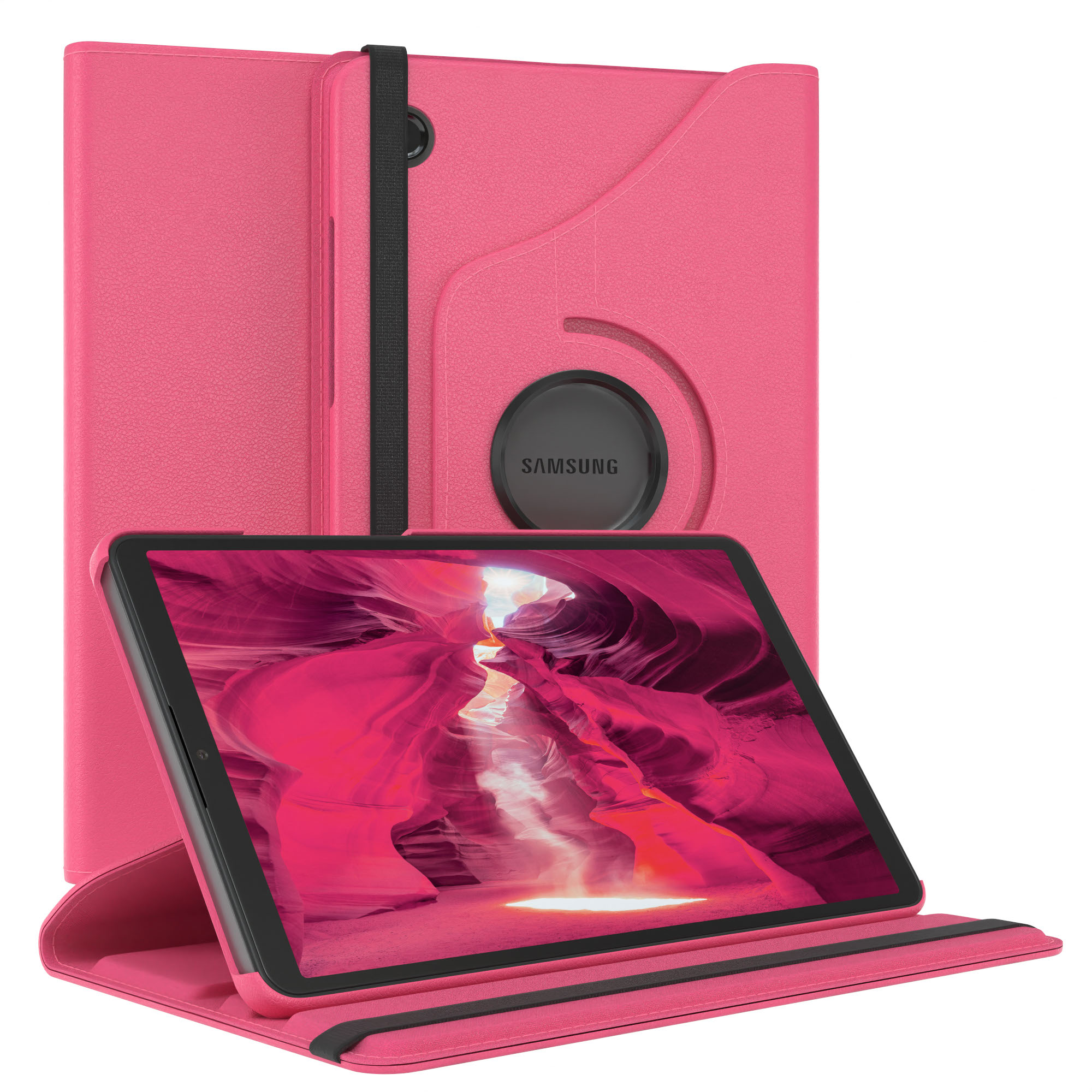Rosa Samsung Tablet in einer rosa Hülle. Der Bildschirm zeigt einen Canyon. Die Hülle hat ein Samsung-Logo.