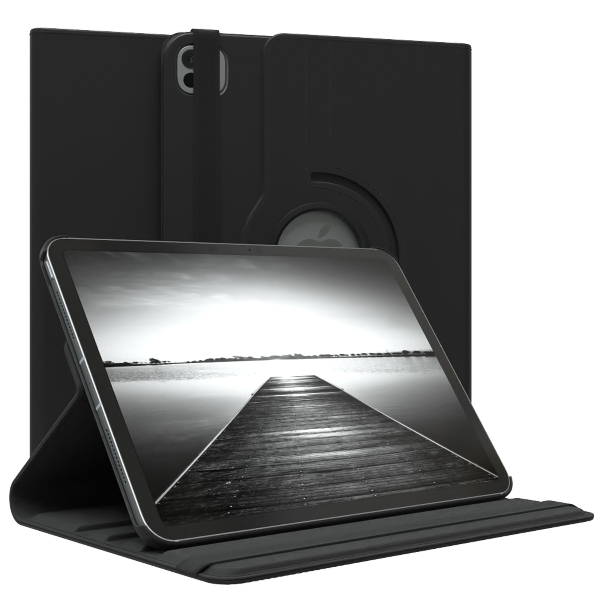 Schwarzes Tablet in einer Hülle. Der Bildschirm zeigt einen Steg über Wasser. Die Hülle ist offen und hat einen Ständer.