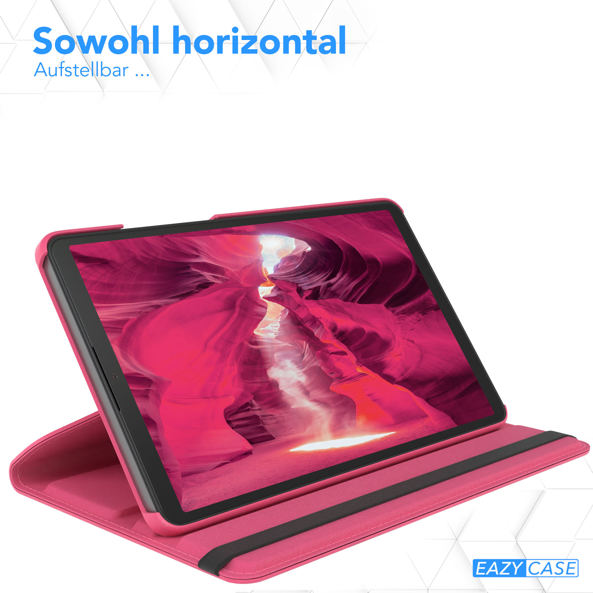 Ein Tablet in einer rosa Hülle ist geöffnet. Der Bildschirm zeigt einen rosa Canyon. Die Hülle ist angewinkelt, der Hintergrund ist weiß.