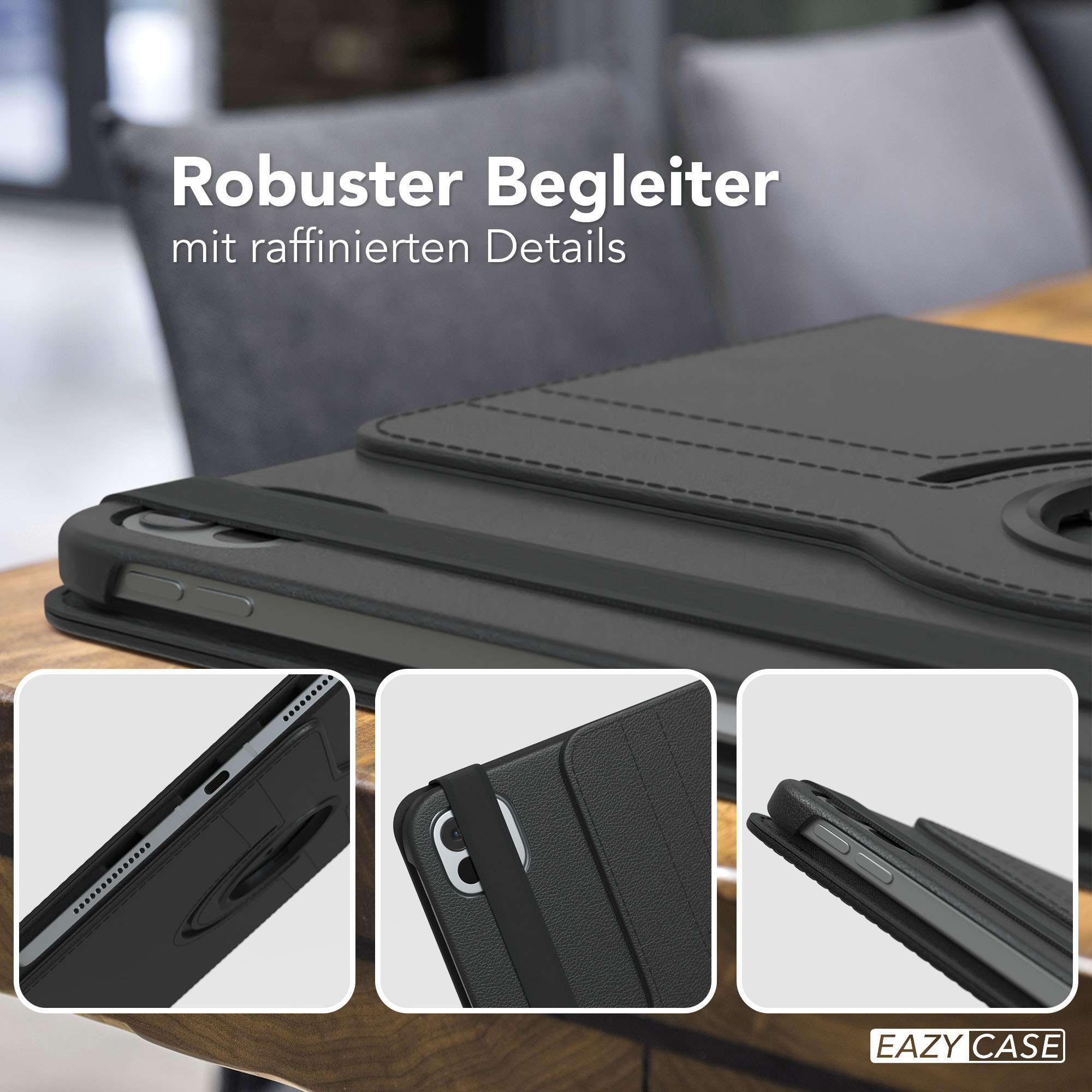 Schwarze Tablet-Hülle mit Details und Text. Drei Detailbilder gezeigt. Eazy Case-Logo unten rechts sichtbar.