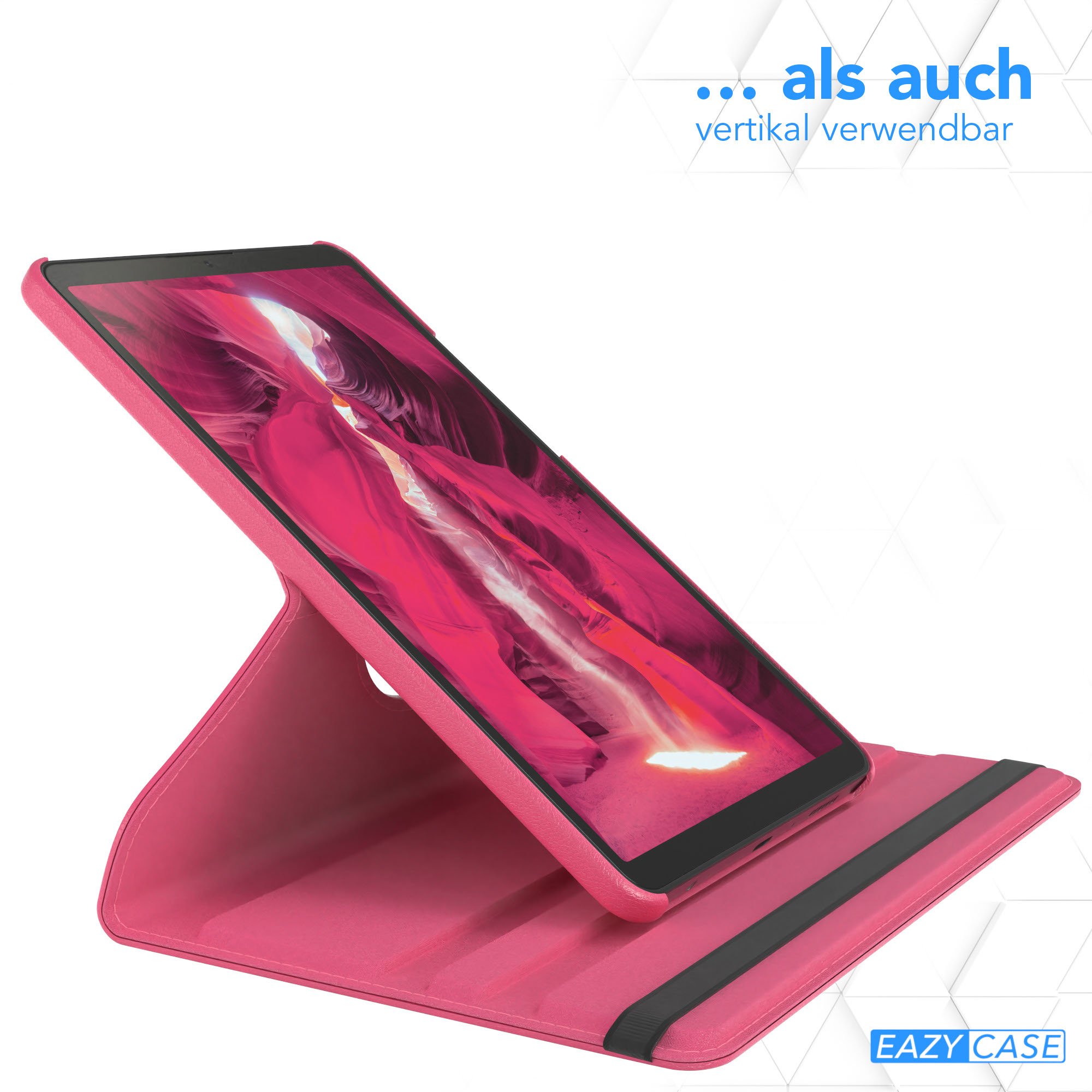 Rosa Tablet in einem rosa Etui, aufgestellt. Der Bildschirm zeigt ein Canyon-Bild. 'EAZY CASE' in der Ecke.