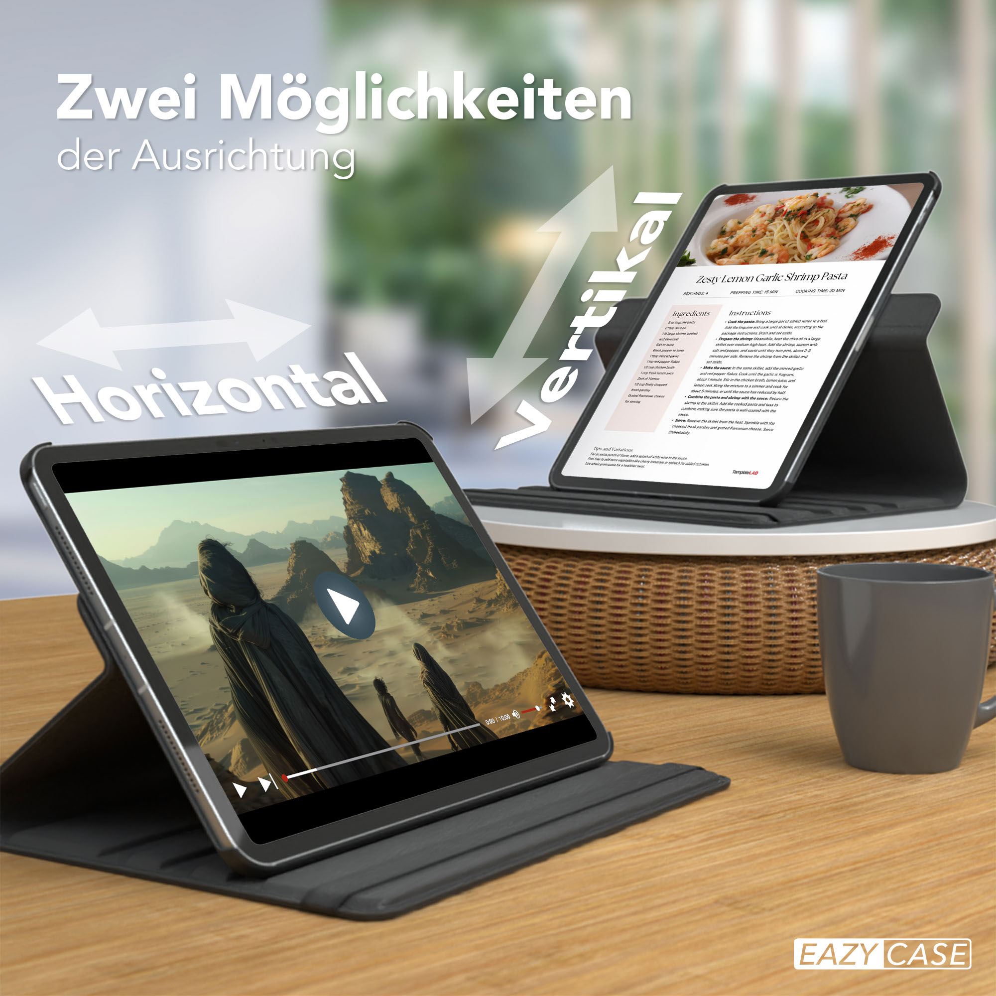 Zwei Tablets zeigen horizontale und vertikale Ansichten. Eines spielt ein Video, das andere ein Rezept.